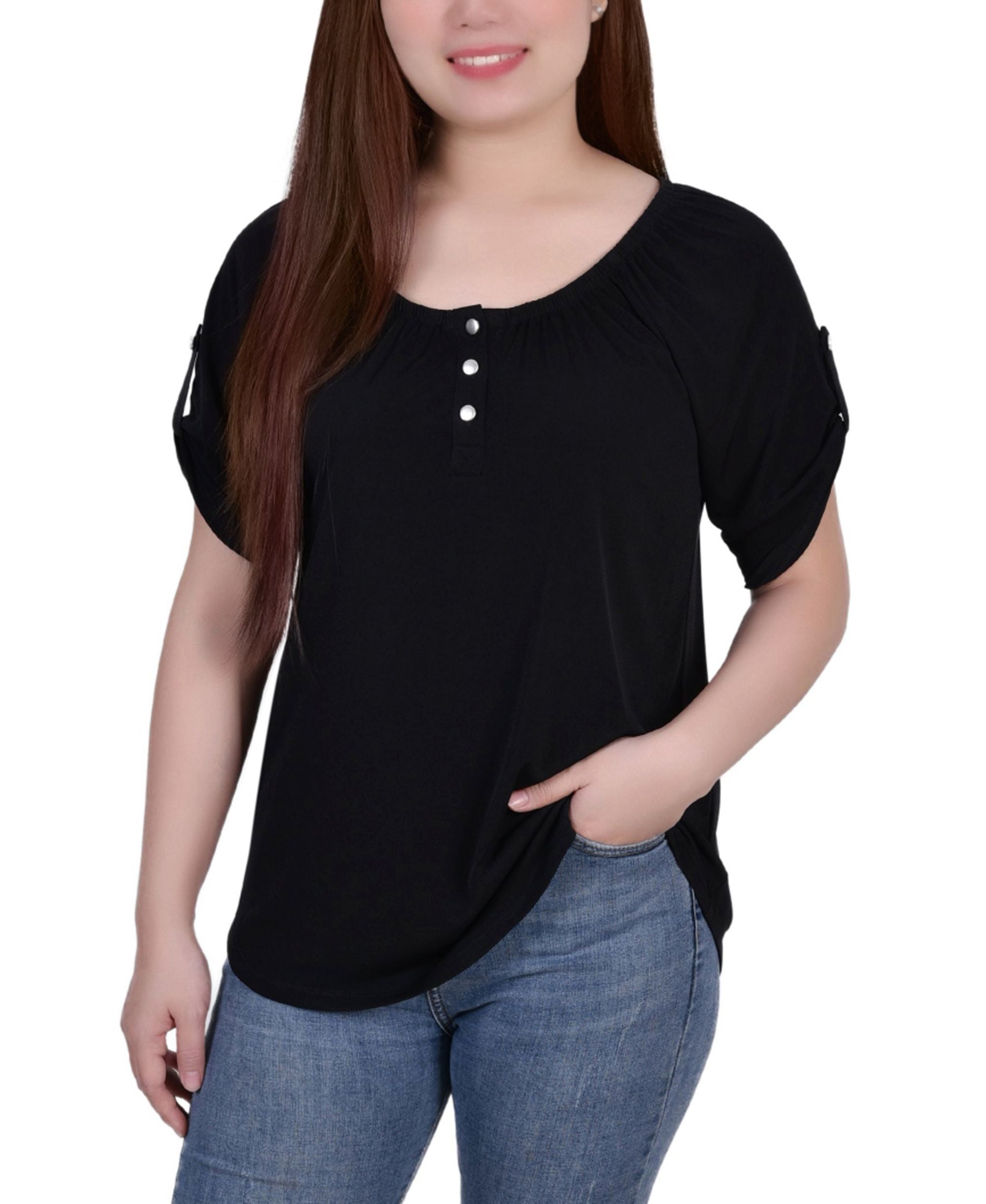 Petite Size Short-Sleeve Round Neck Henley Premium Top