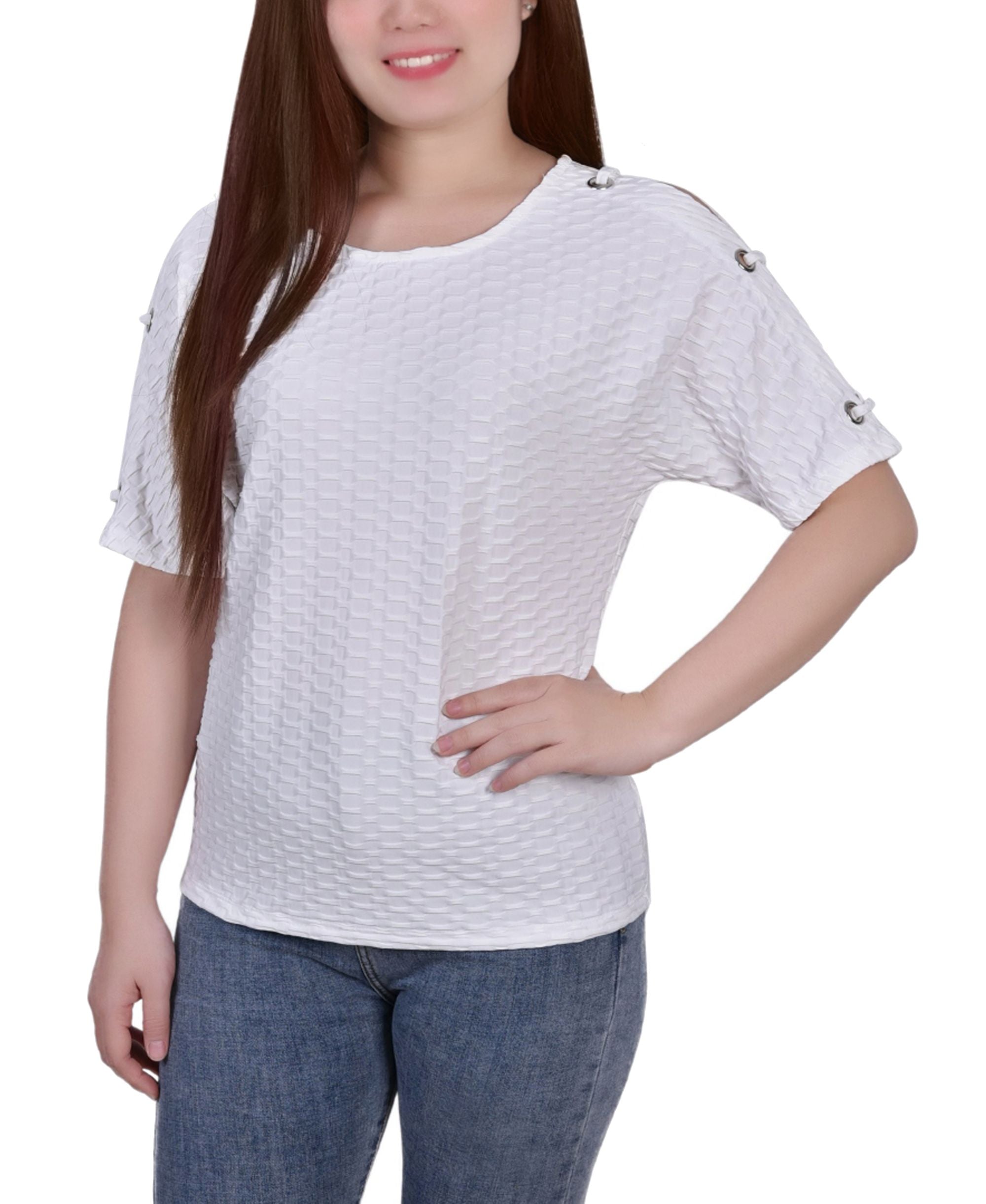 Petite Short-Sleeve Honeycomb Textured Grommet Premium Top