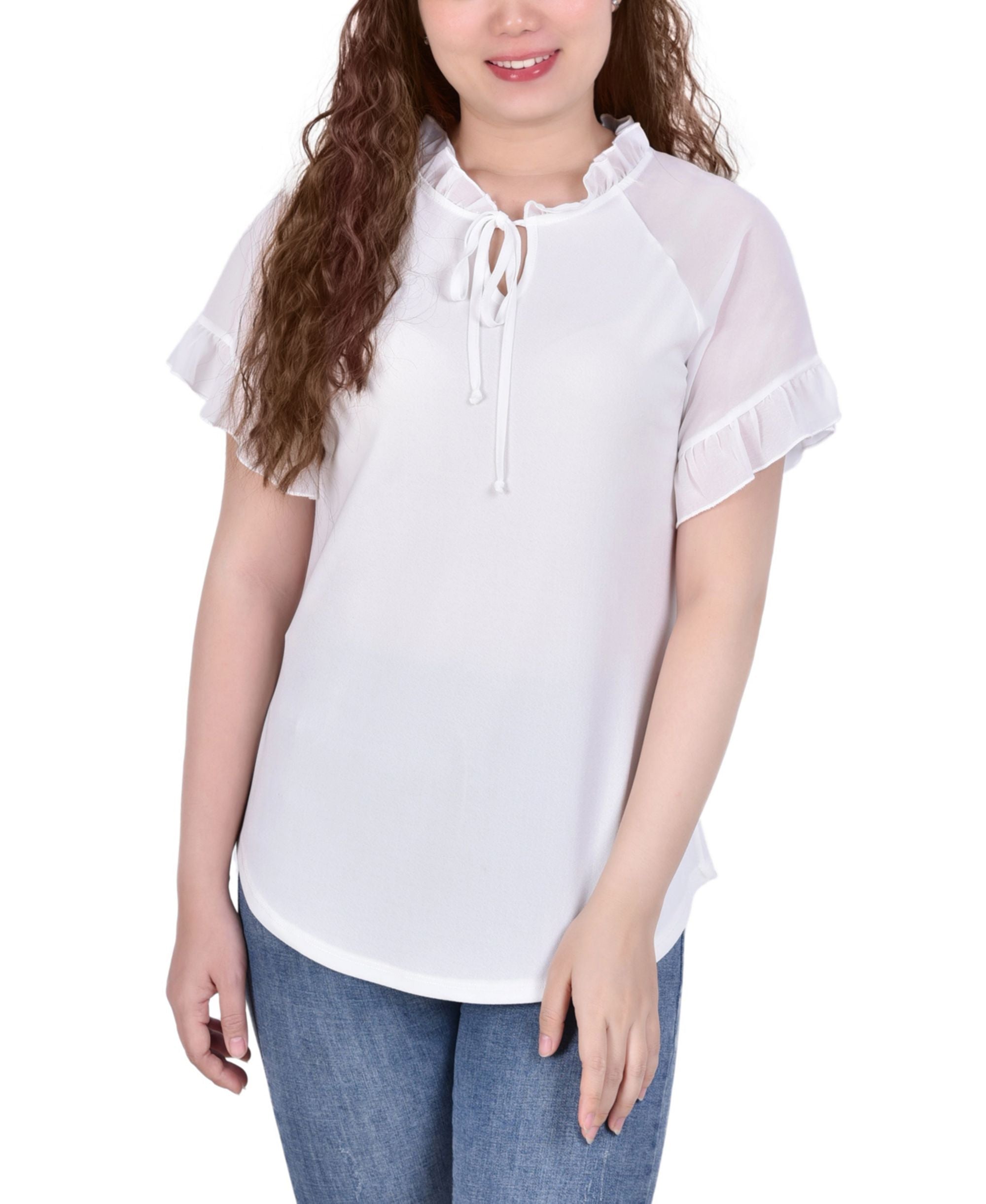NY Collection Petite Chiffon Short Ruffled Sleeve Crepe Knit Premium Top