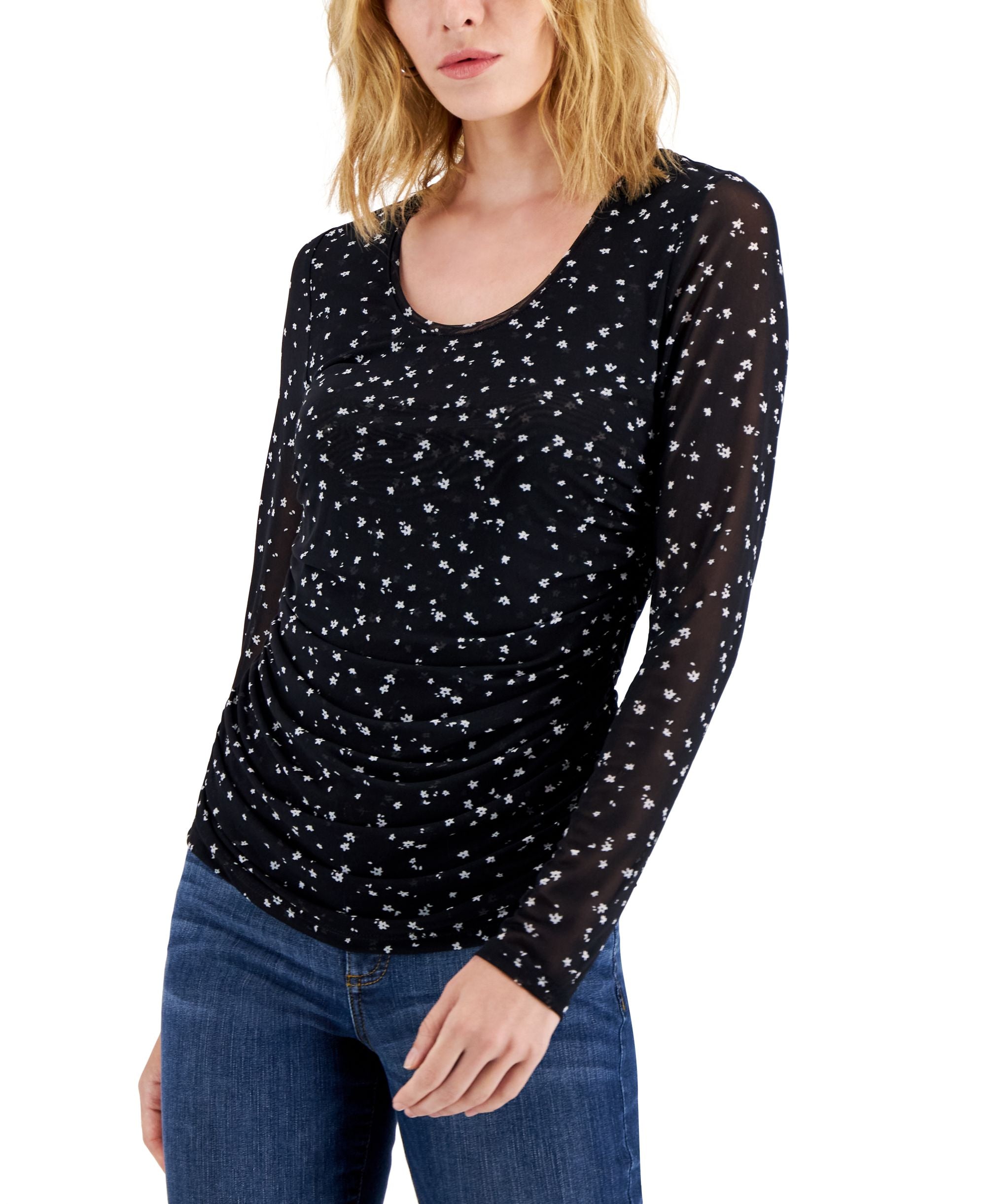 INC International Concepts Womens Printed Side Ruched Mesh Premium Top