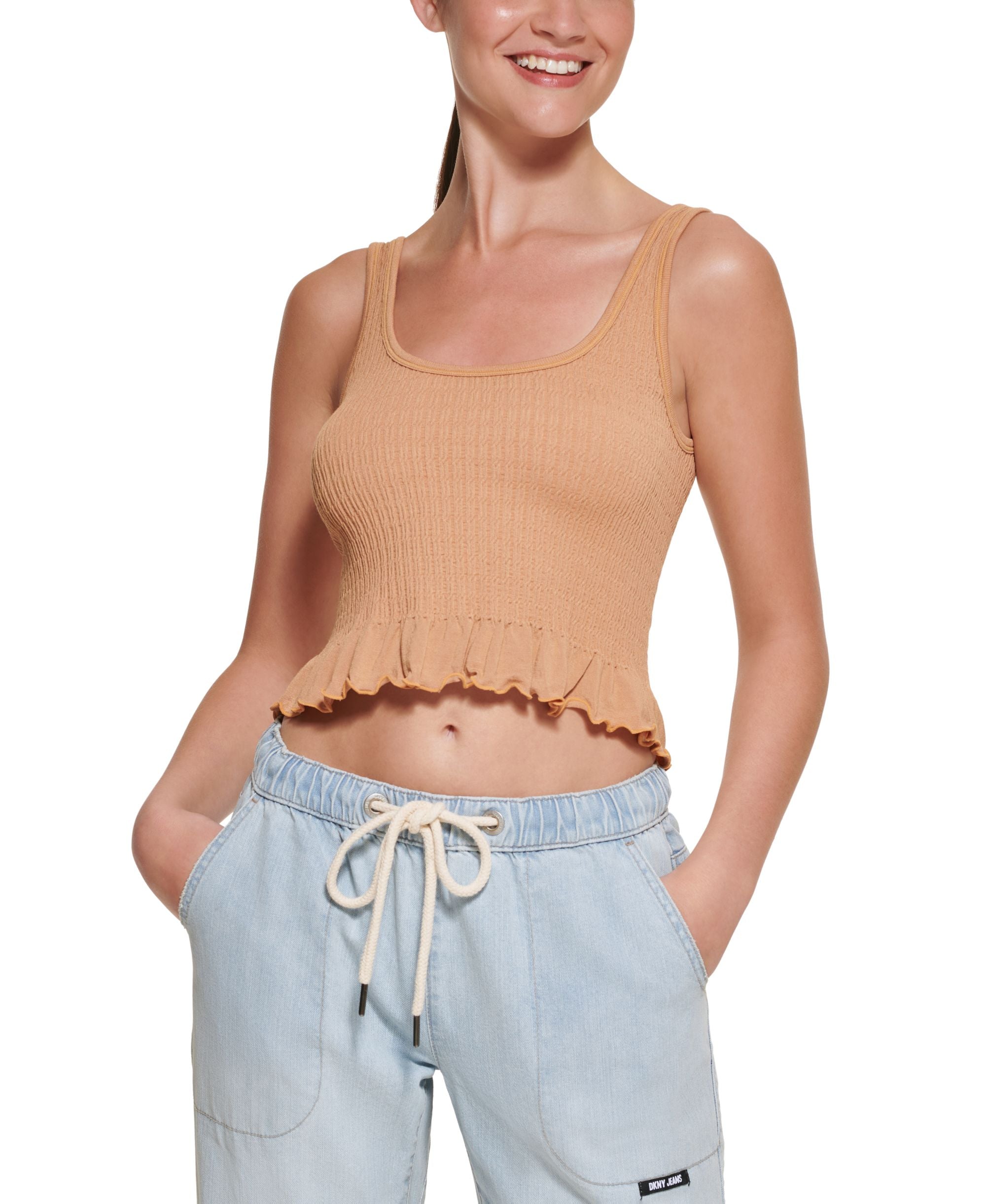 DKNY Premium Jeans Womens Cropped Ruffled Hem Tank Premium Top