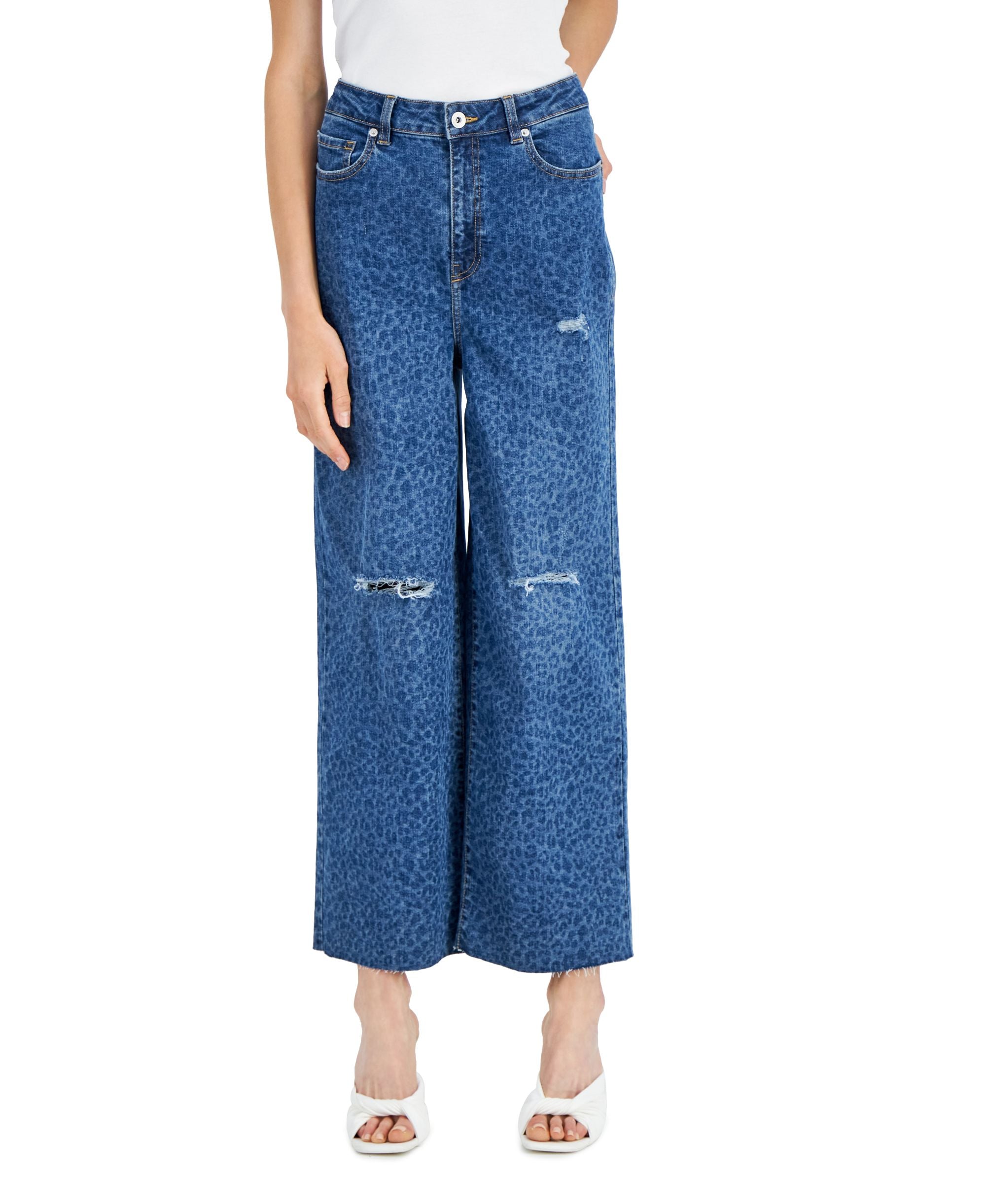 INC International Concepts Womens Animal Print Destructed Wide-Leg Premium Jeans