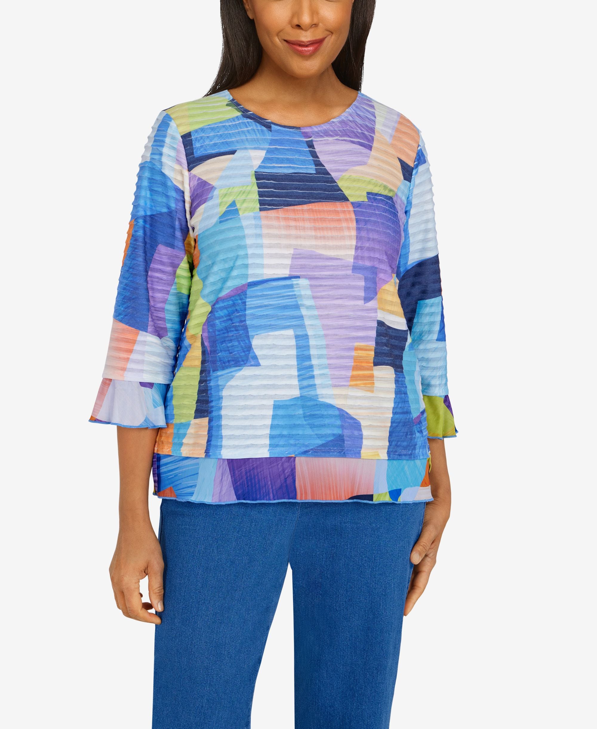 Indigo Daze Plus Size Colorblock Mesh Trim Premium Top