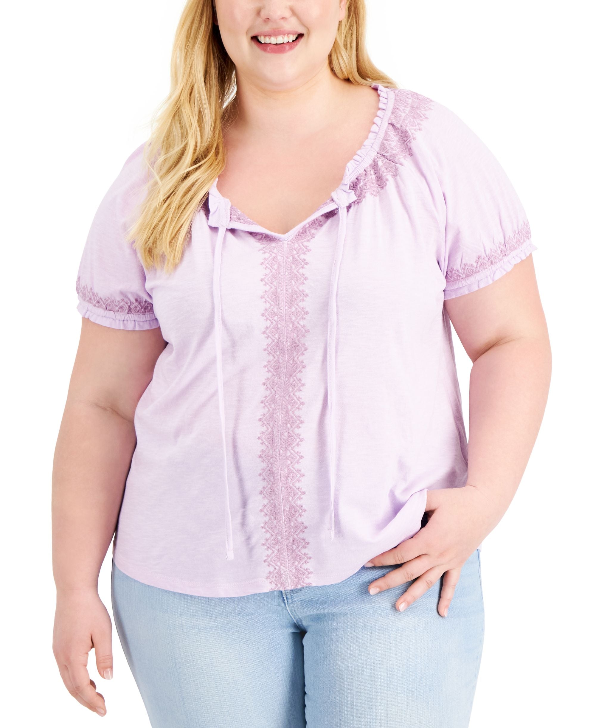 Style & Co Womens Embroidered Puff-Sleeve Signature Blouse