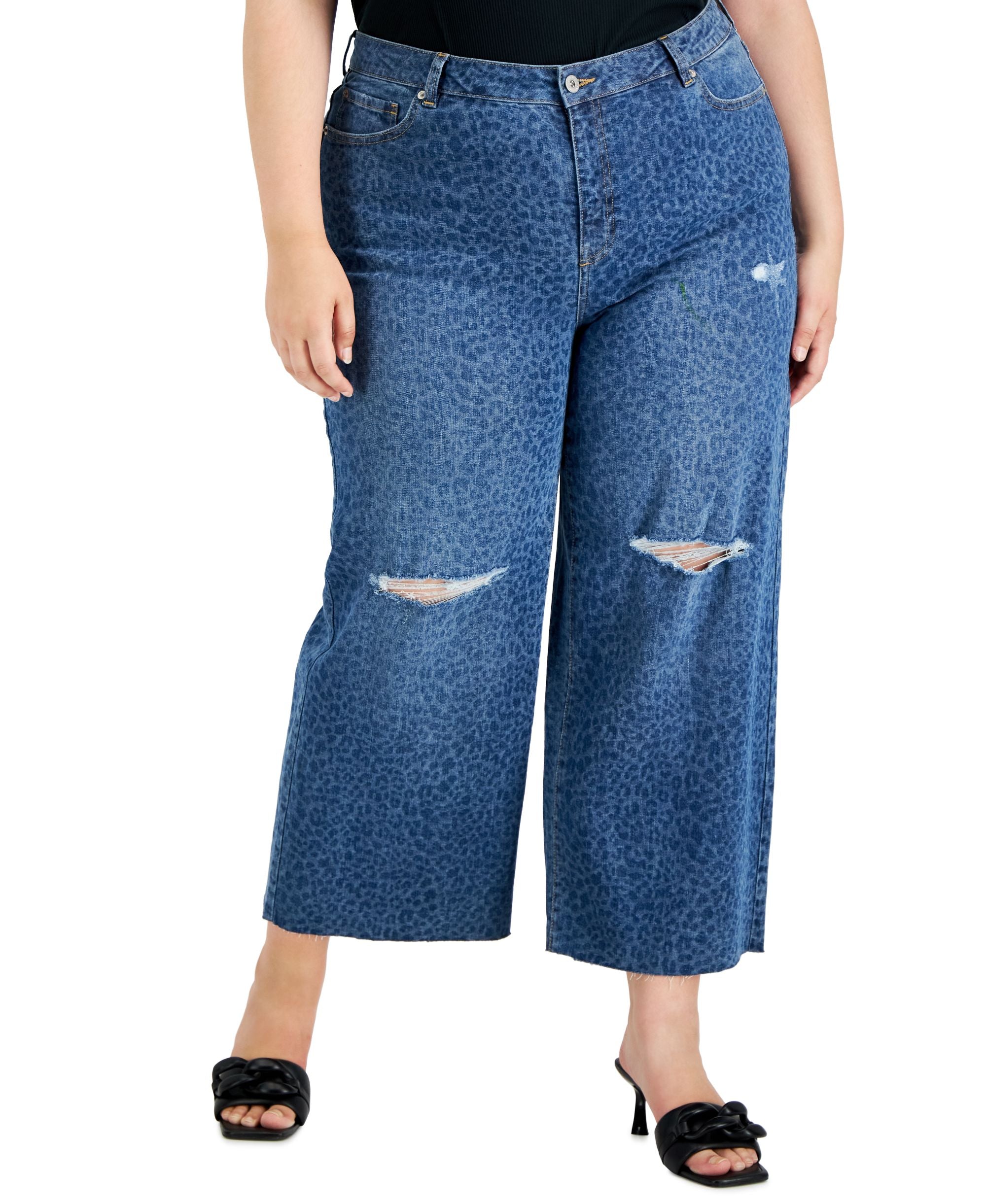 INC International Concepts Plus Size Cheetah Print Destructed Wide-Leg Premium Jeans