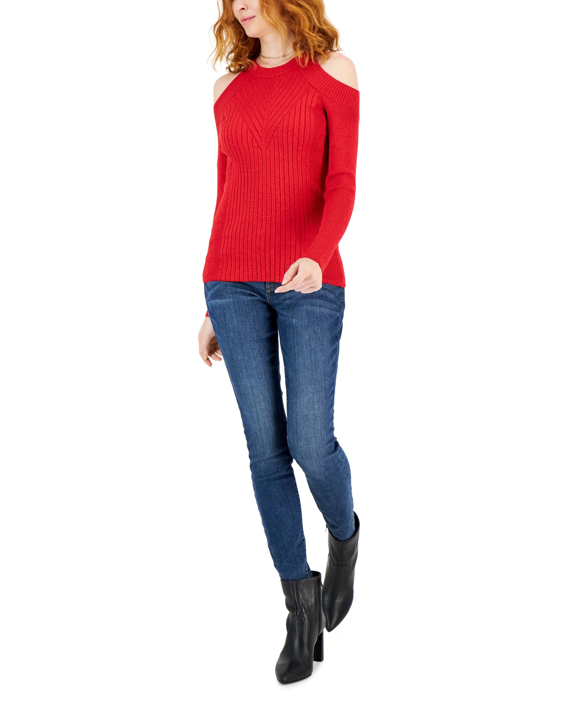 INC International Concepts Petite Cold Shoulder Metallic Knit Sweater
