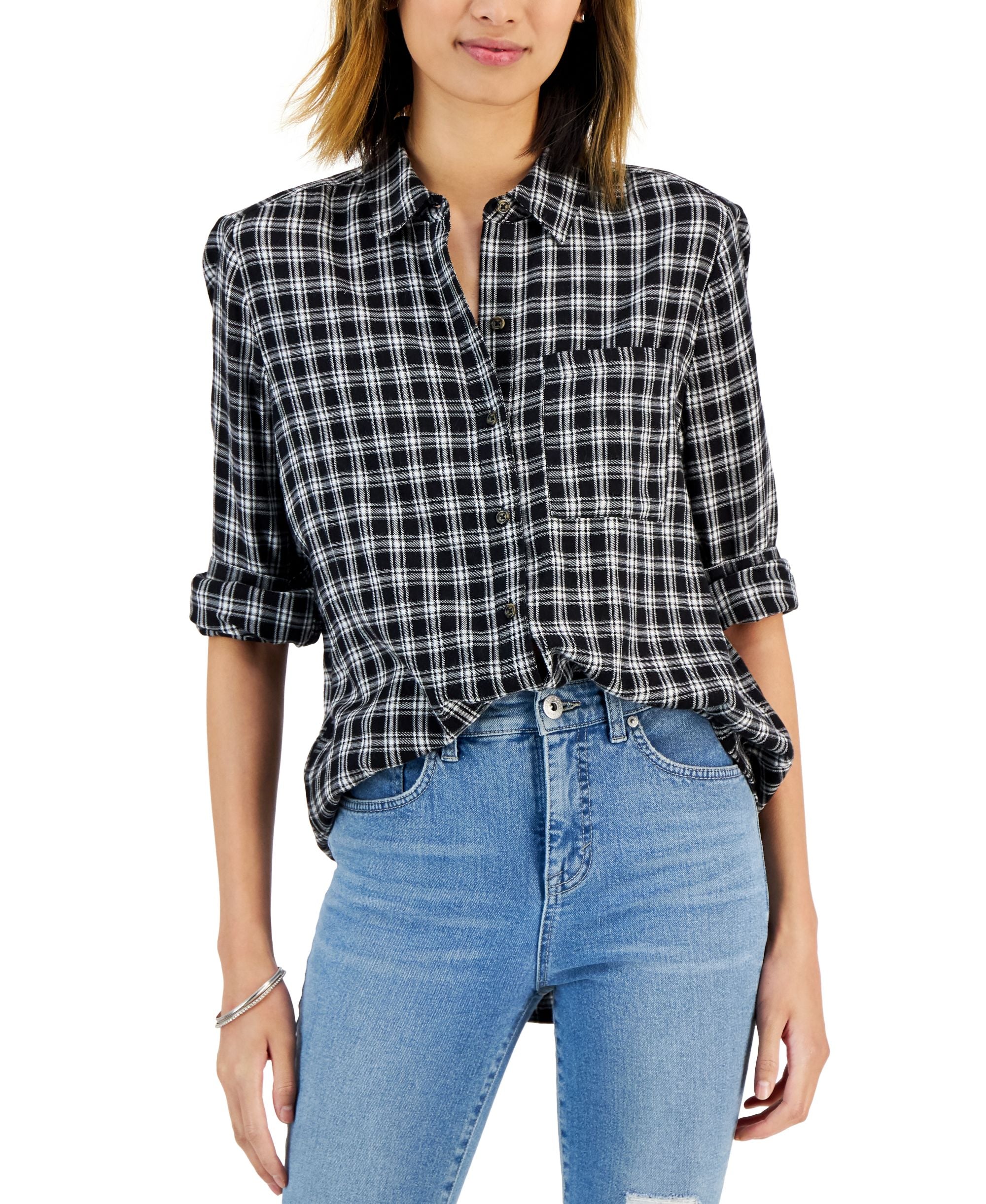 Style & Co Womens Cotton Plaid Button-Front Modern Shirt