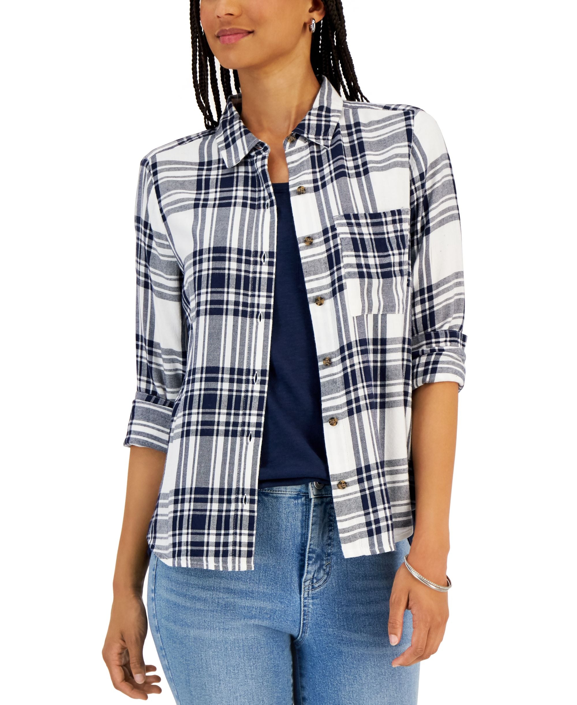 Style & Co Womens Cotton Plaid Button-Front Modern Shirt