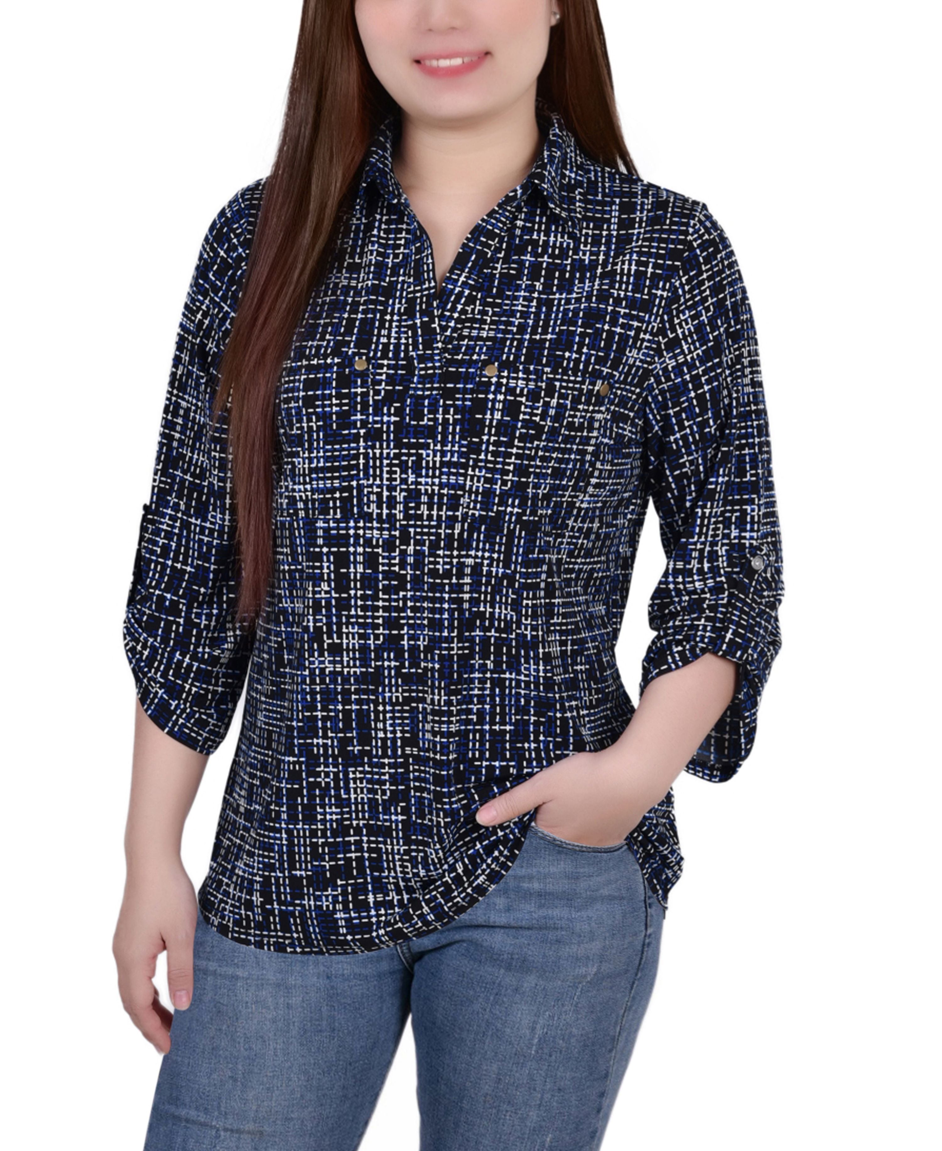 Women's 3/4 Ruched Sleeve Studded Y-neck Premium Top