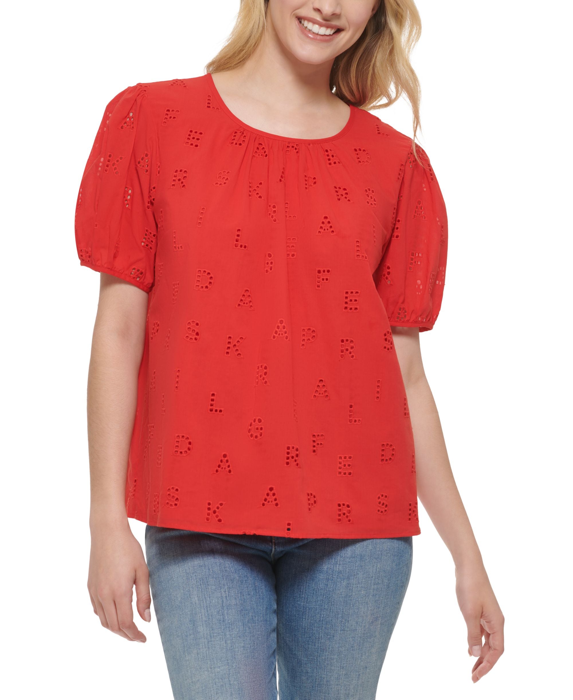 Karl Lagerfeld Paris Womens Logo Eyelet Signature Blouse