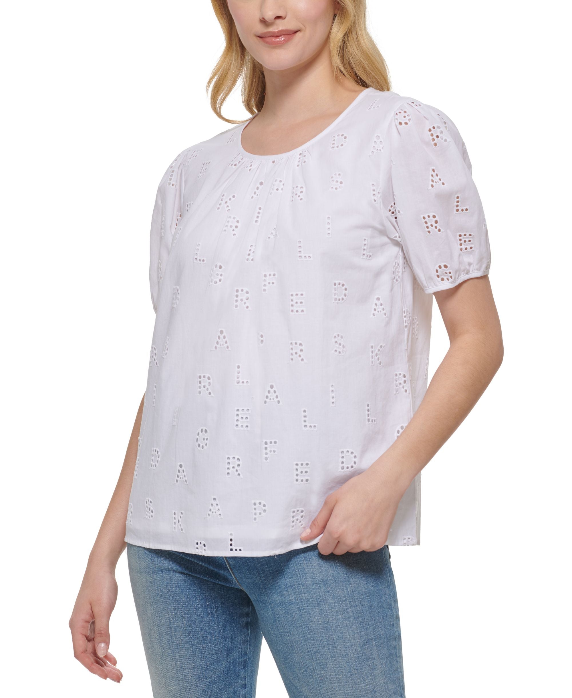 Karl Lagerfeld Paris Womens Logo Eyelet Signature Blouse
