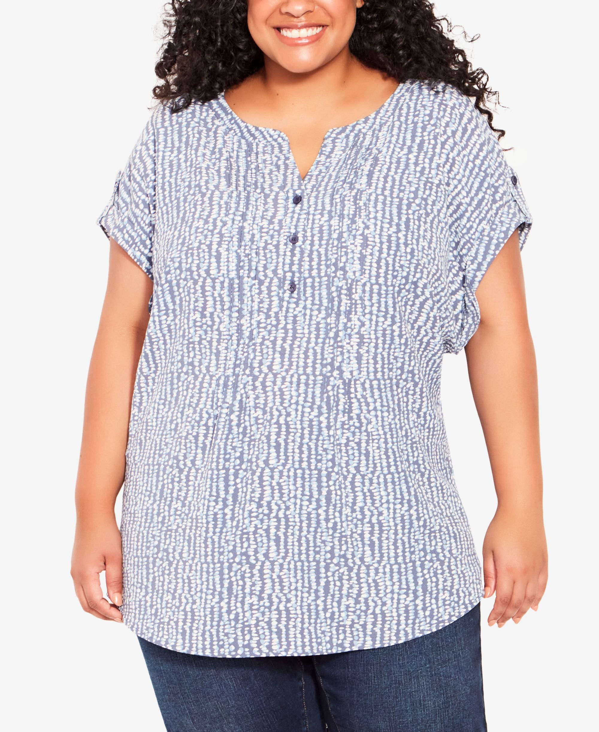 Plus Size Button Pleat Print Premium Top