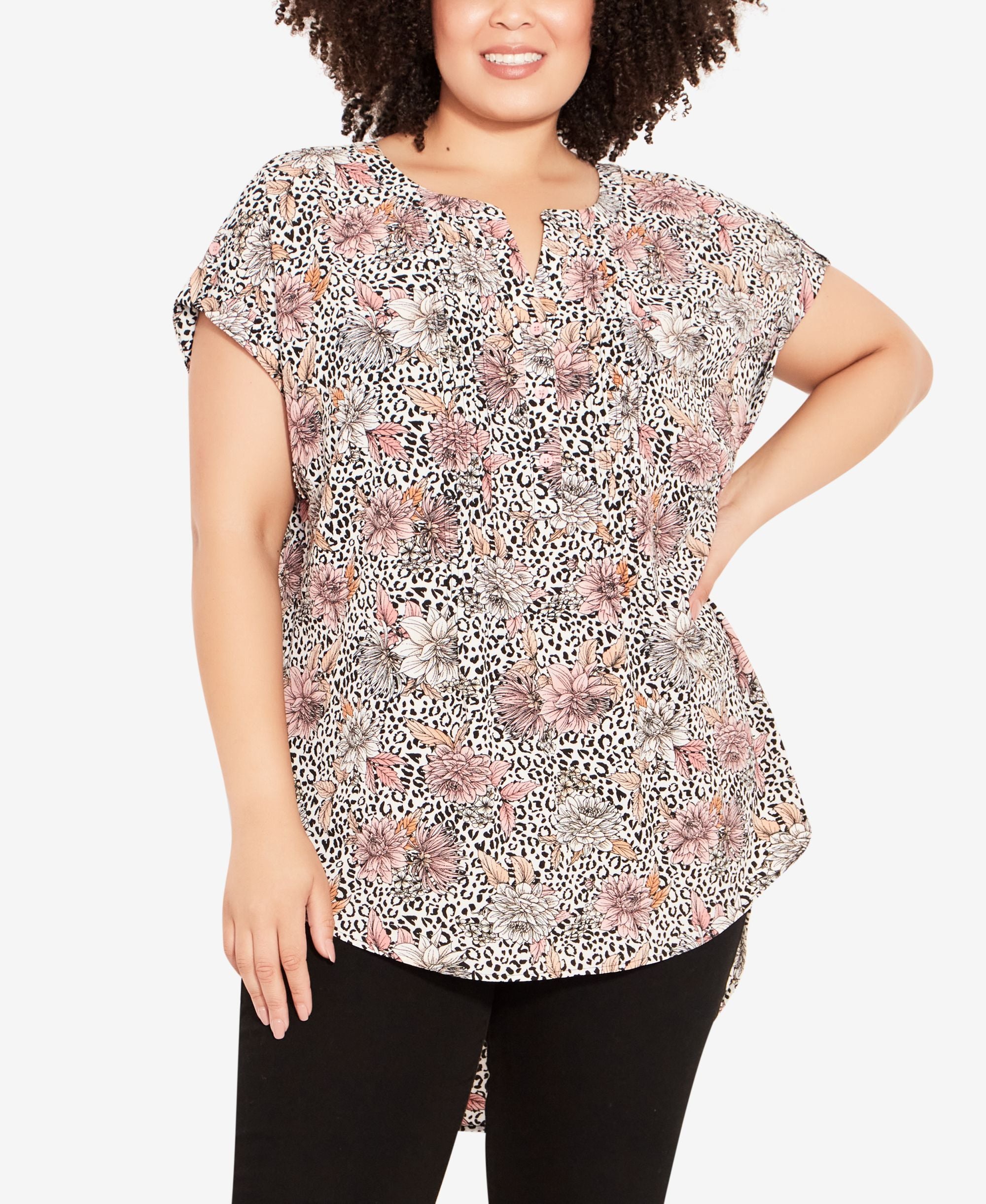 Plus Size Button Pleat Print Premium Top