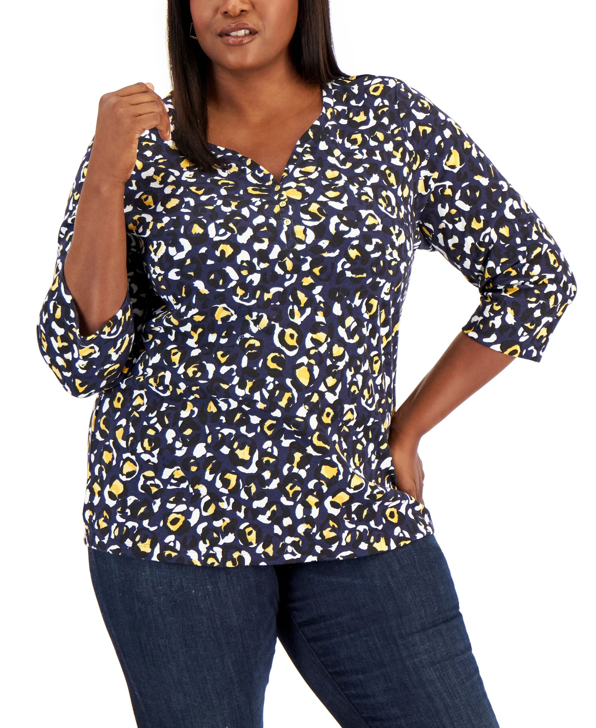 Karen Scott Plus Size Leopard Print Henley Premium Top