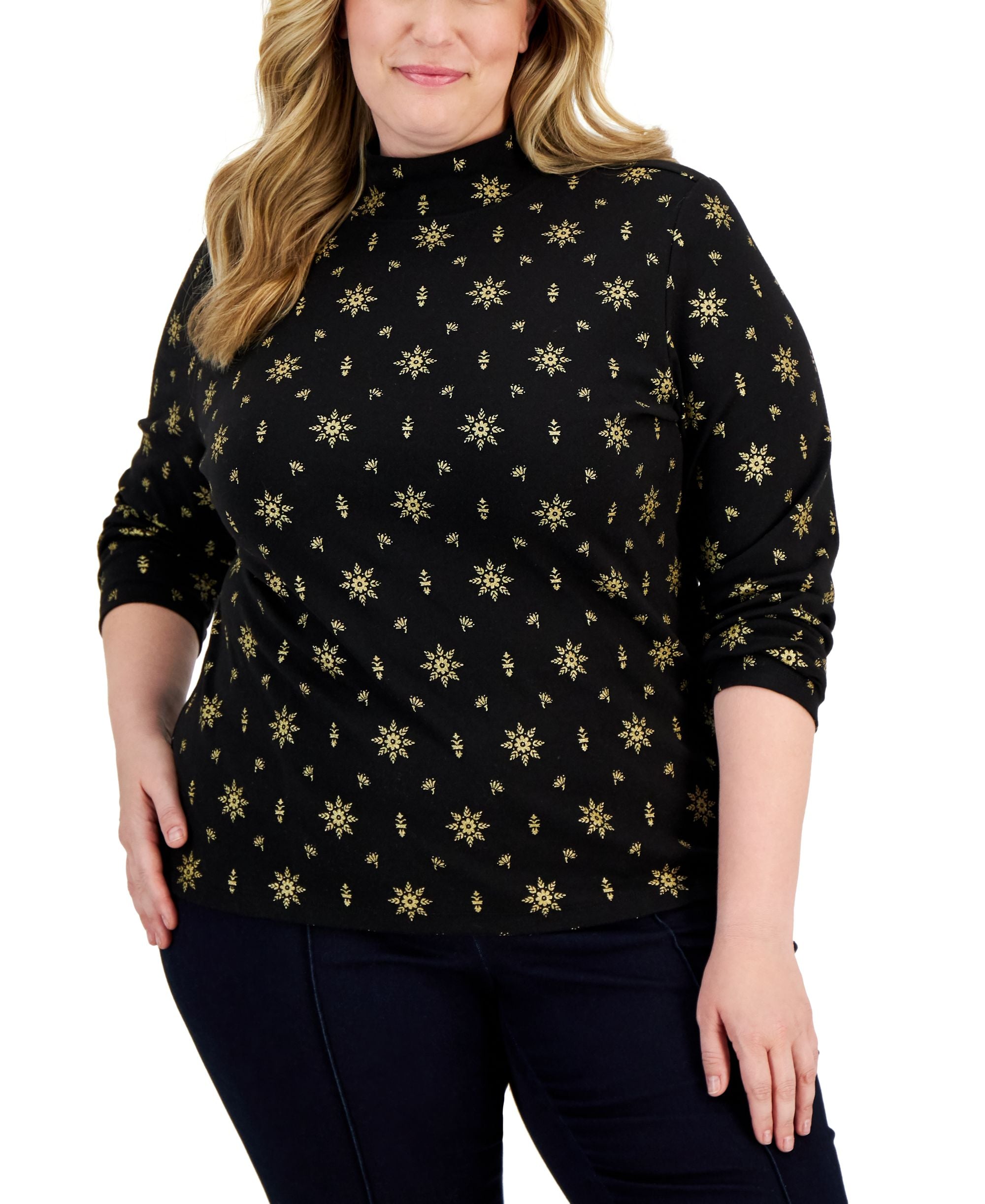 Plus Size Holiday Printed Mock-Neck Premium Top