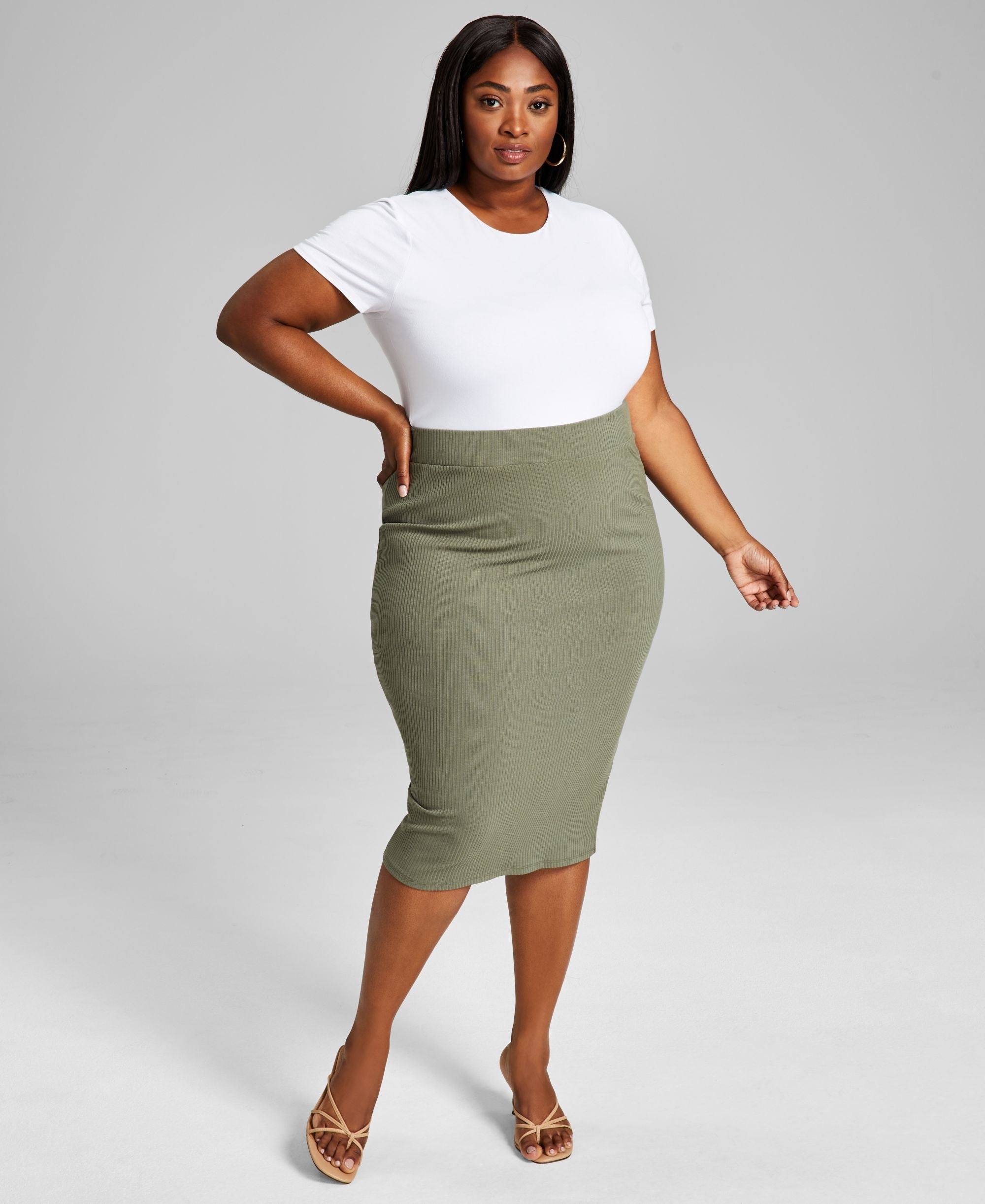 Bar III Modern Plus Size Bodycon Ribbed Midi Modern Skirt