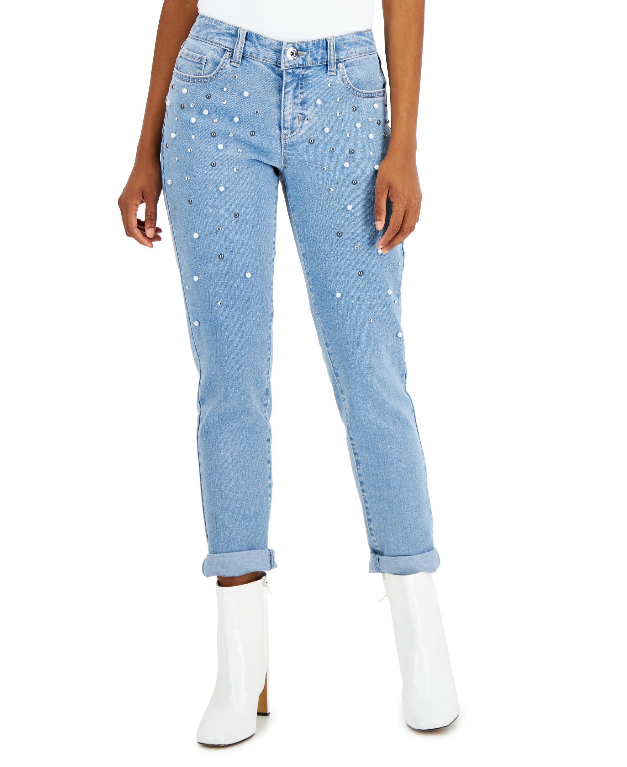 INC International Concepts Womens Mid Rise Embellished Straight-Cut Premium Jeans