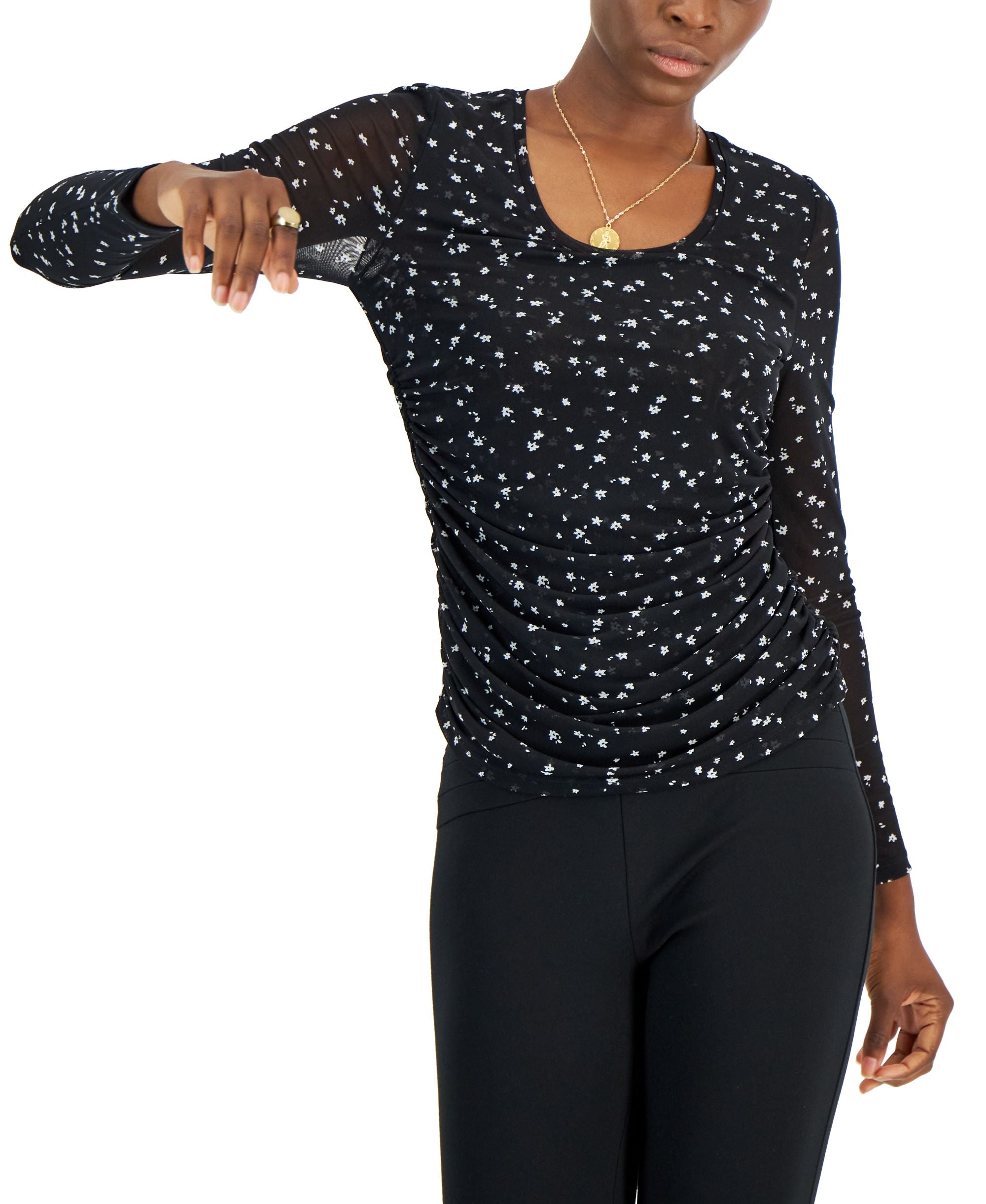 INC International Concepts Petite Printed Side Ruched Mesh Premium Top