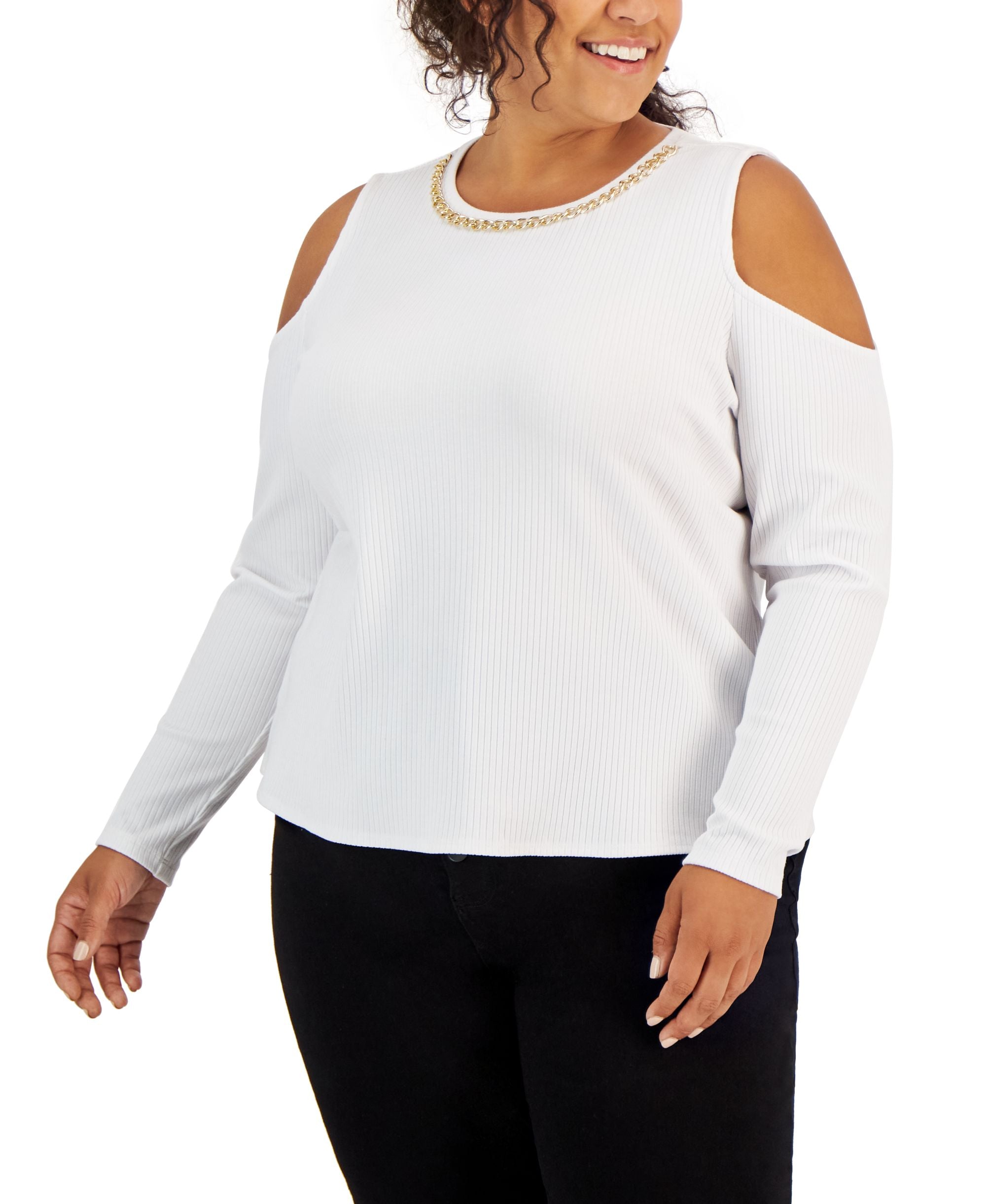 INC International Concepts Plus Size Ribbed Chain Trim Cold Shoulder Premium Top