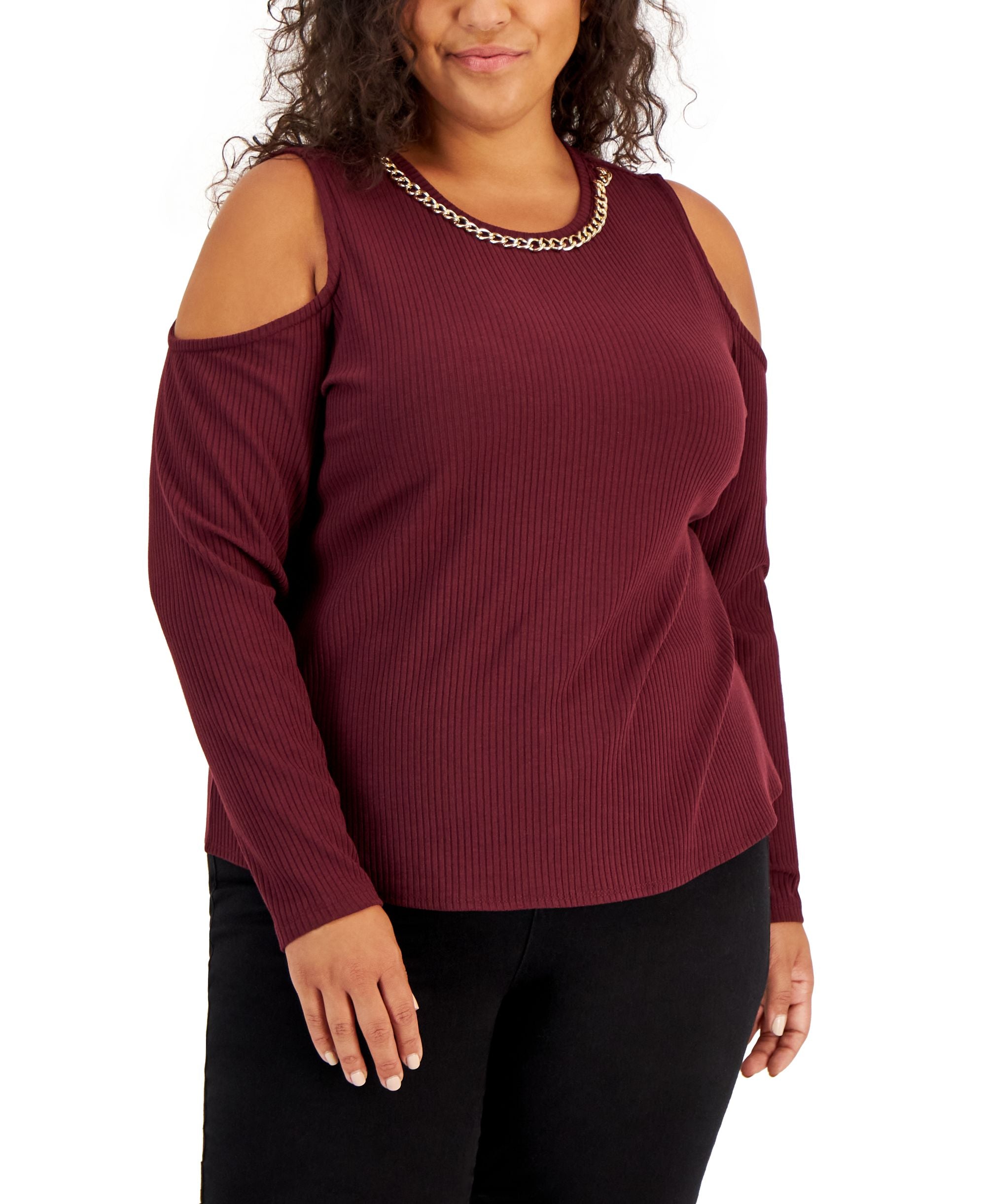 INC International Concepts Plus Size Ribbed Chain Trim Cold Shoulder Premium Top