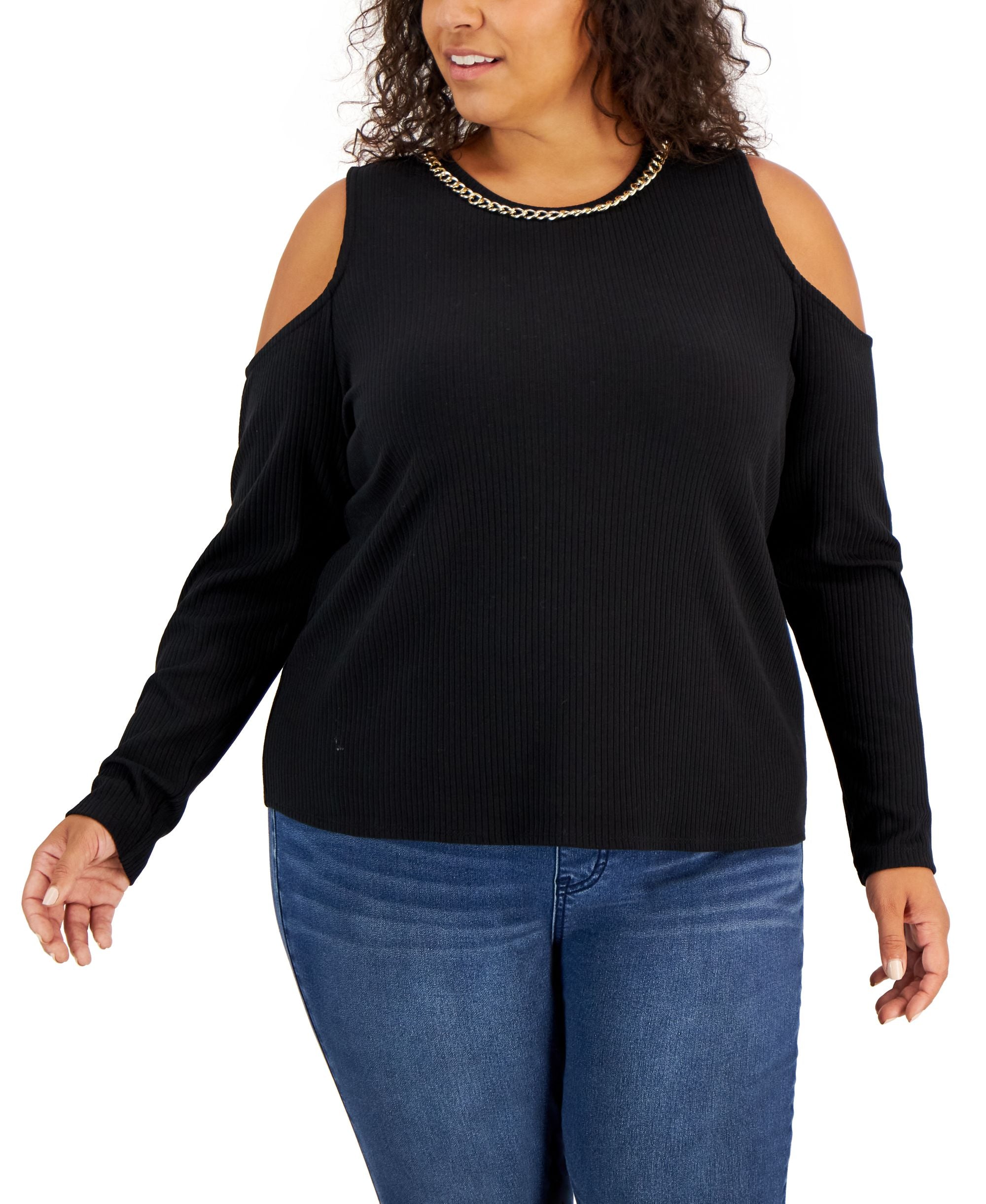 INC International Concepts Plus Size Ribbed Chain Trim Cold Shoulder Premium Top