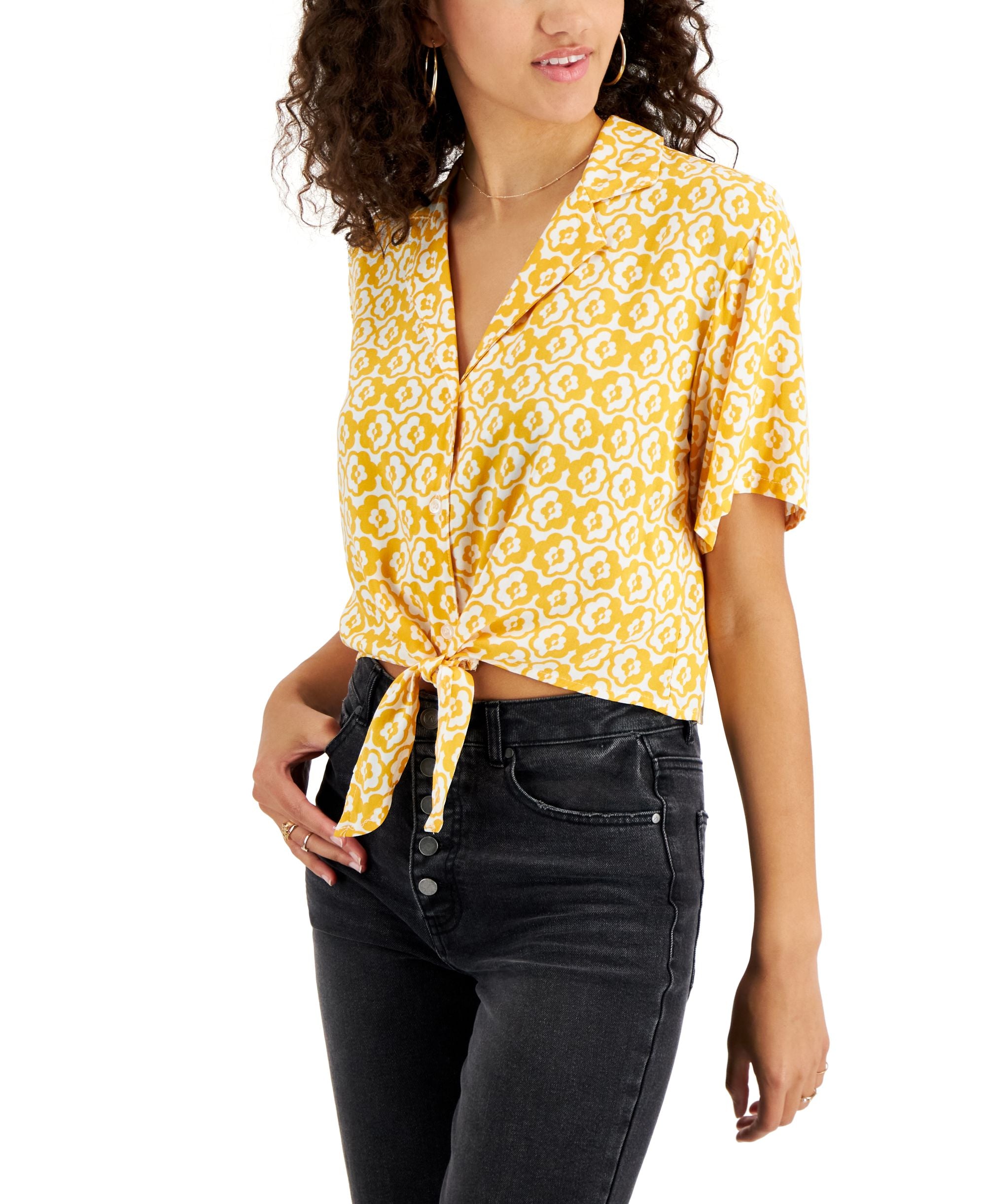 Juniors' Tie-Hem Notched-Lapel Modern Shirt