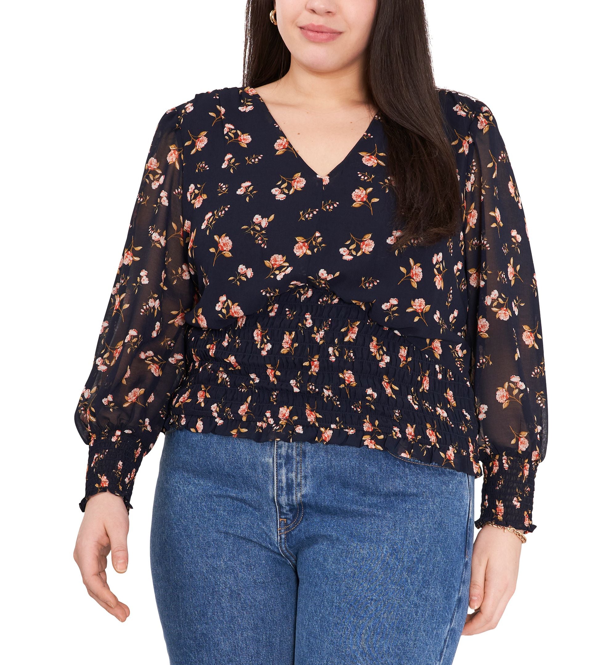 1.State Modern Plus Size Printed Smocked Waist Premium Top