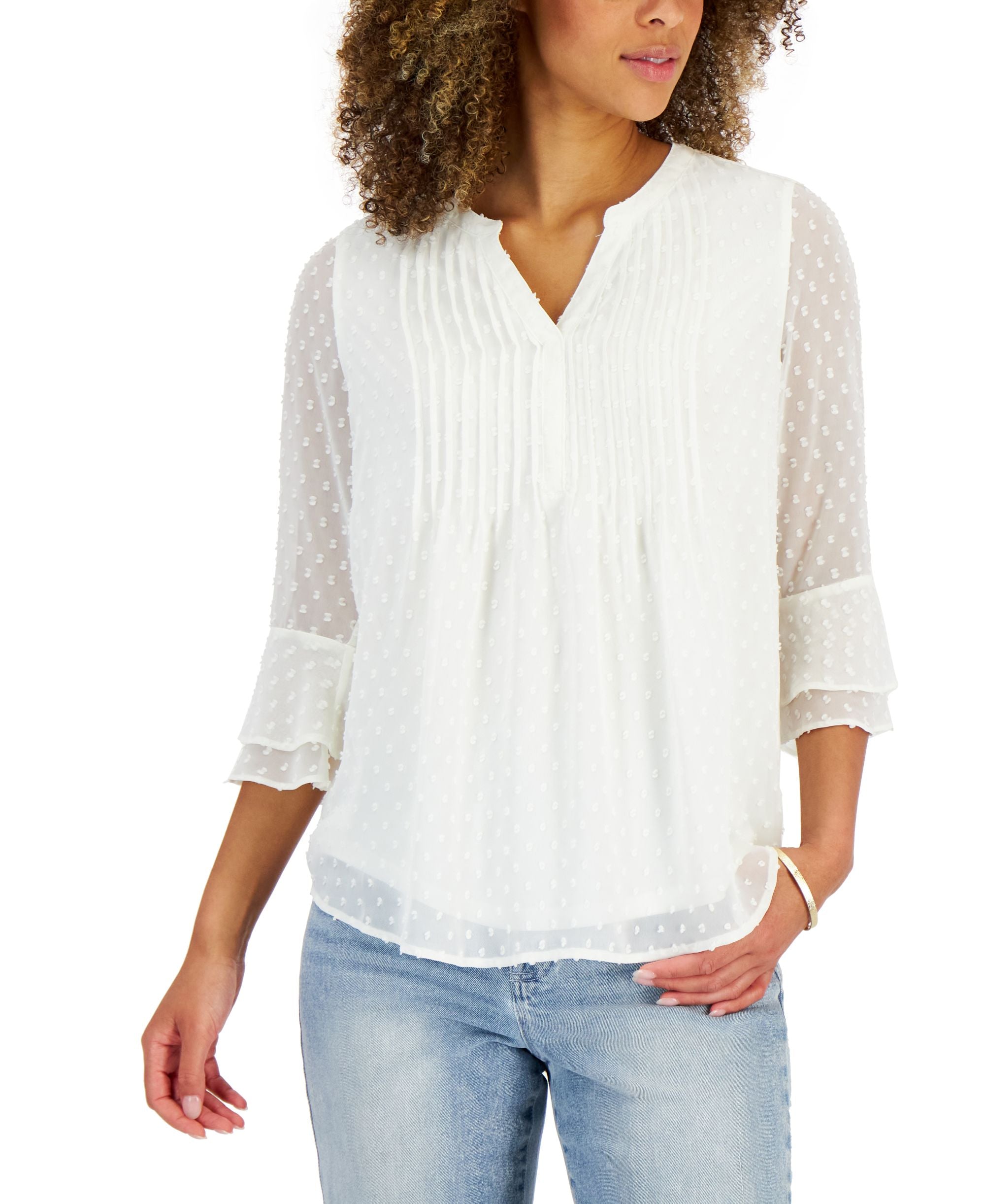 Charter Club Petite Double Ruffle Textured Pintuck Premium Top
