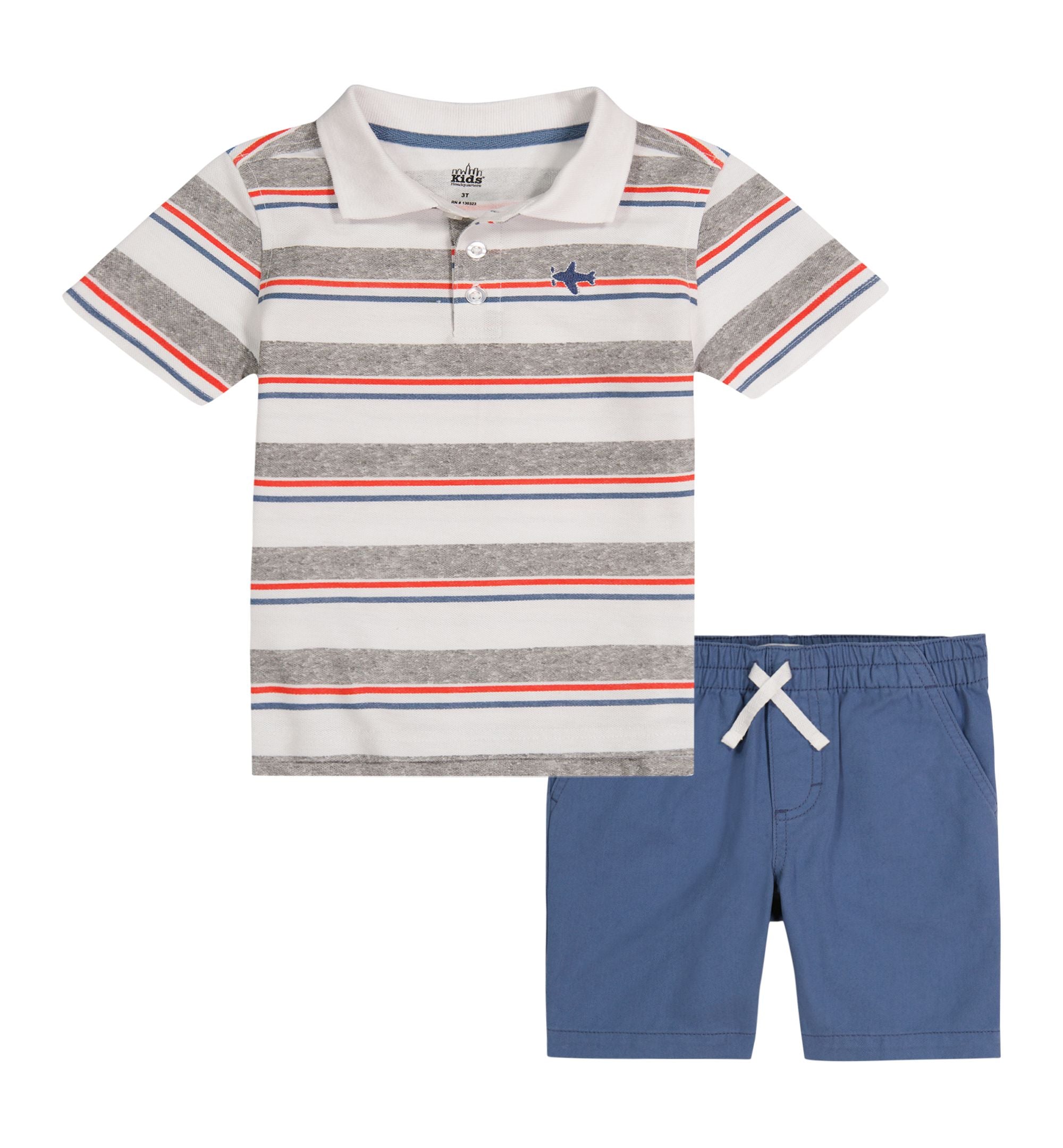 Kids Headquarters Little Boys Striped Polo Modern Shirt Twill Premium Shorts 2 Piece Set