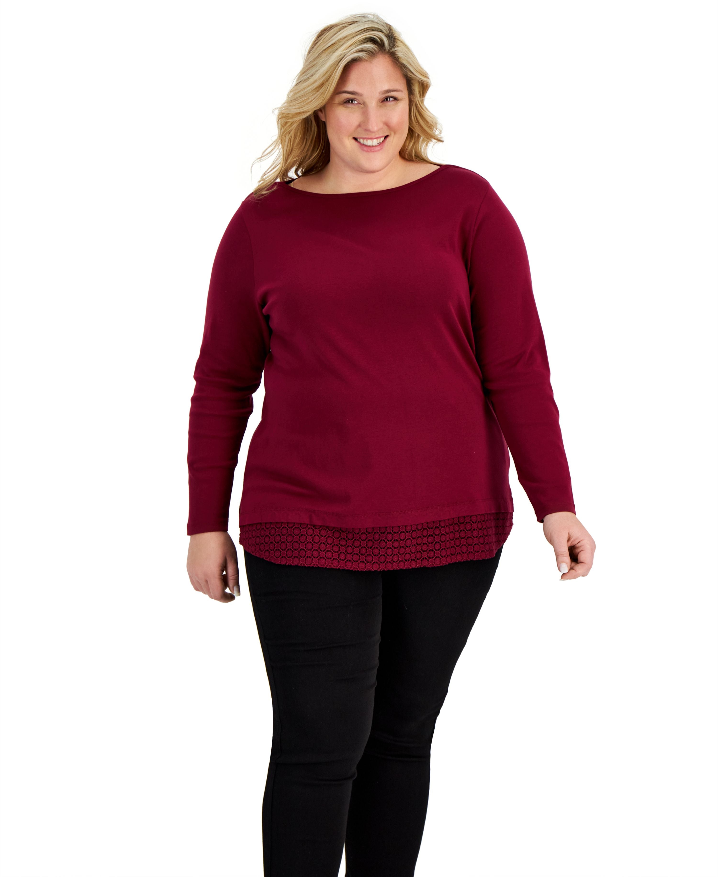 Plus Size Cotton Lace-Hem Premium Top
