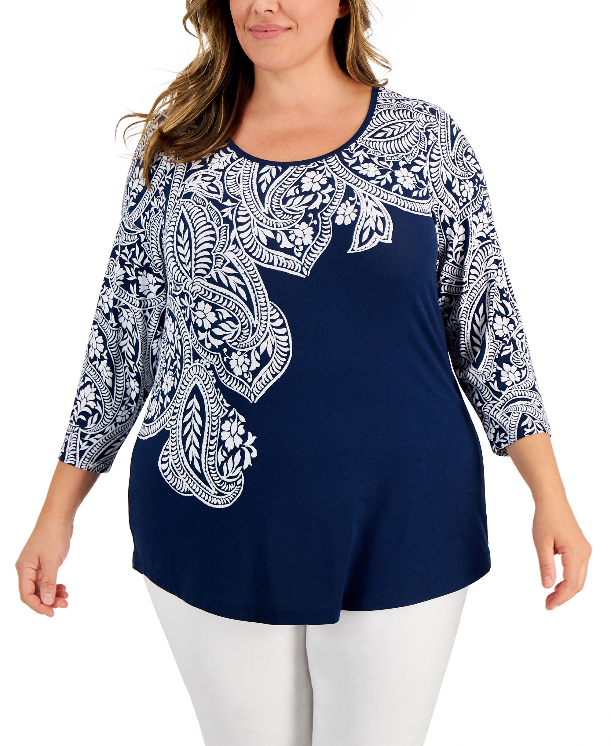 JM Collection Plus Size Lucia Paisley 3/4 Sleeve Premium Top