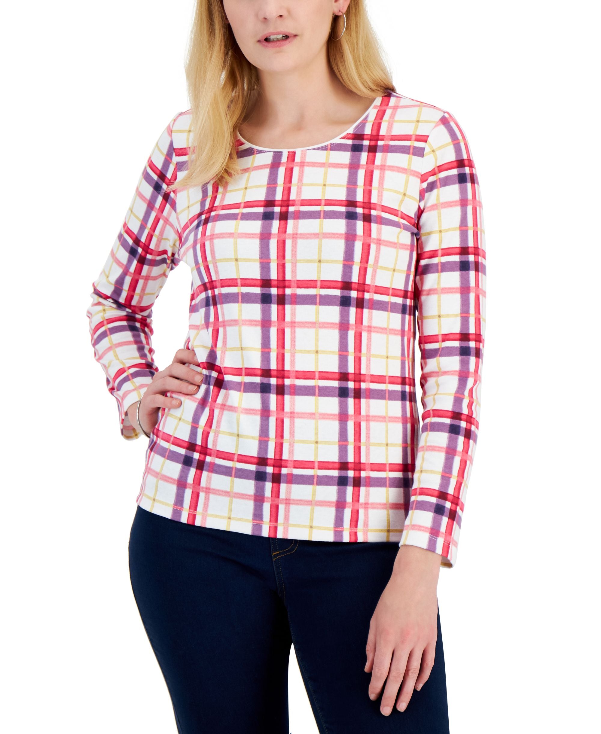 Karen Scott Womens Plaid Premium Top