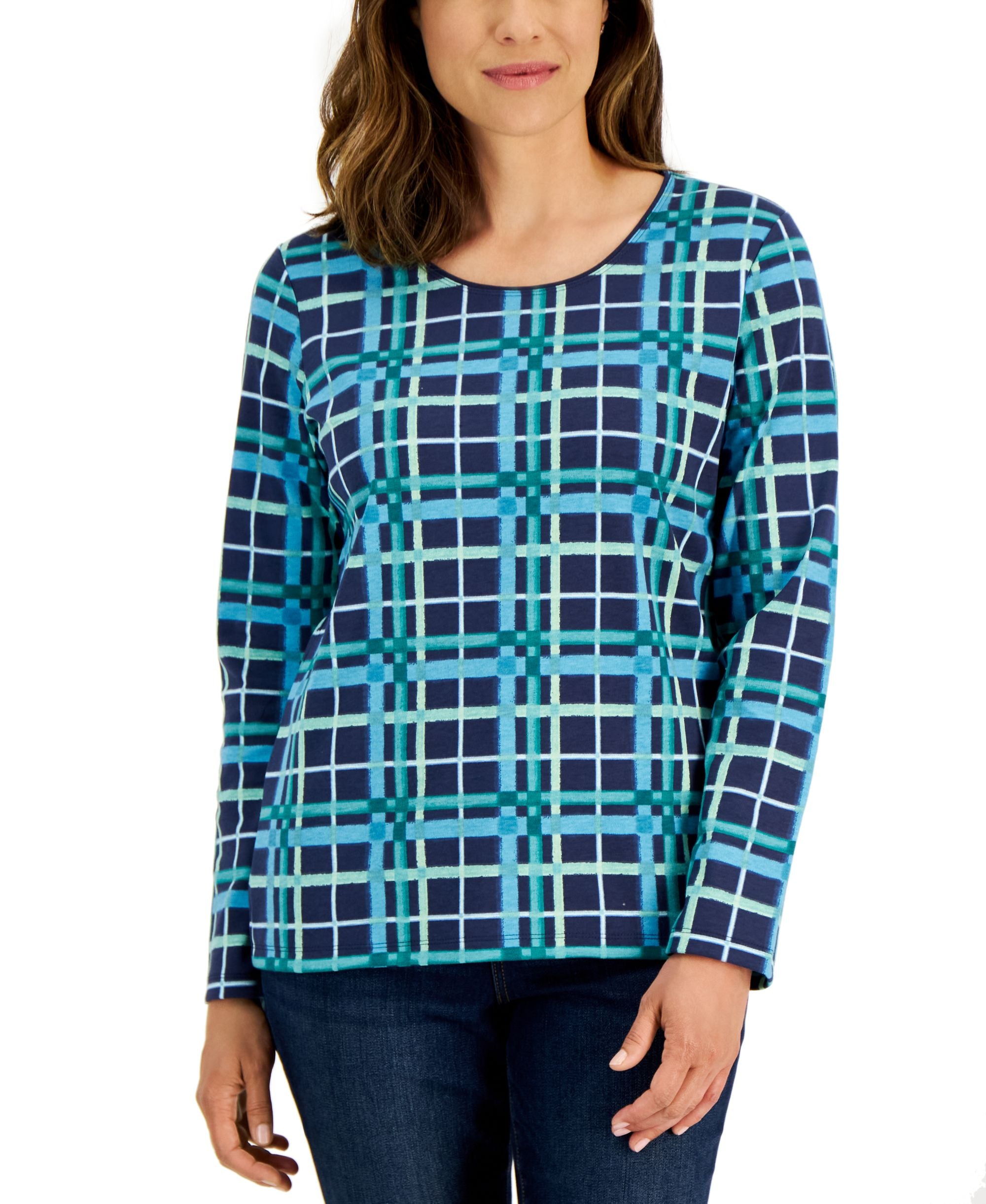 Karen Scott Womens Plaid Premium Top
