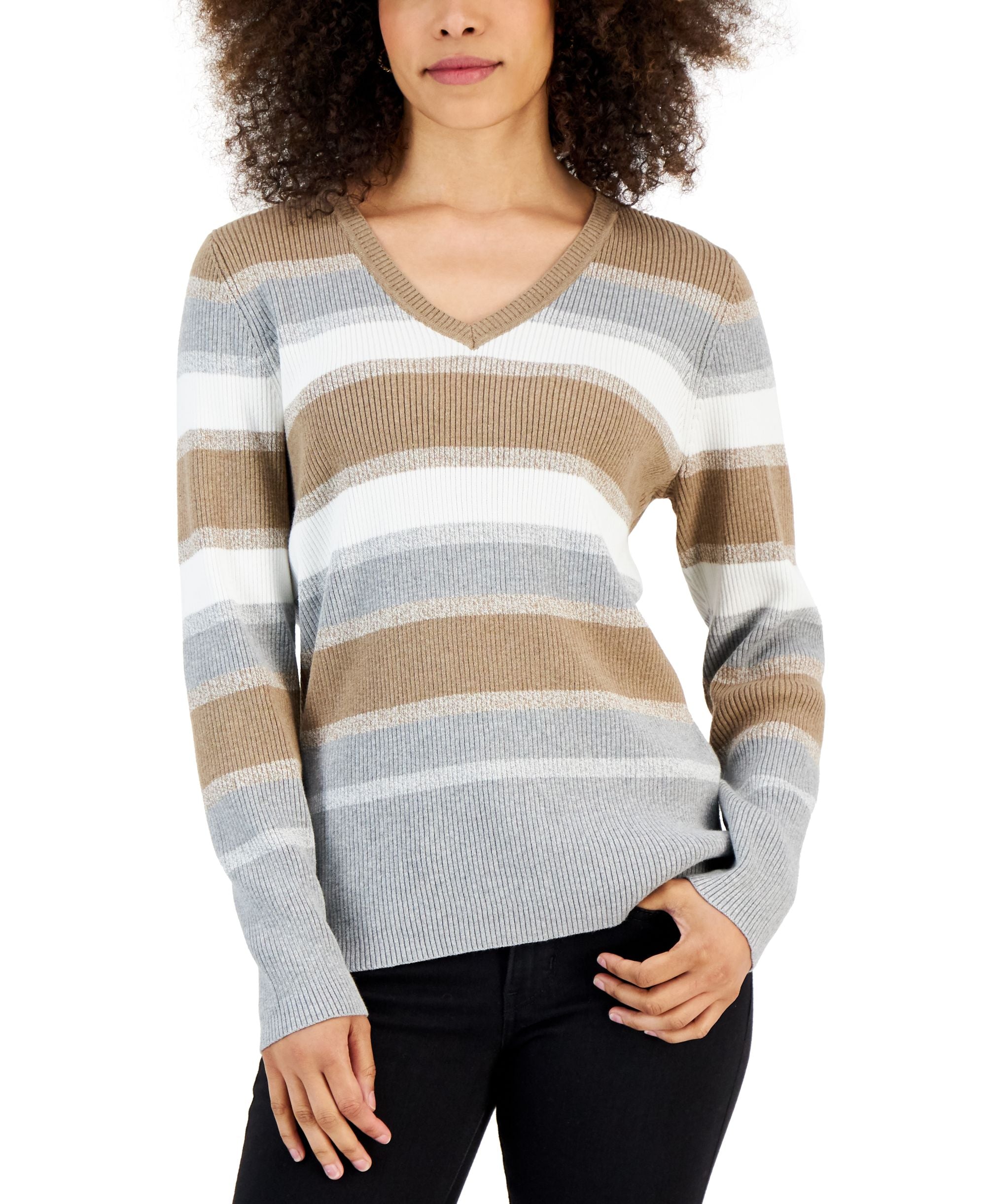 Karen Scott Womens Ribbed V Neck Sweater