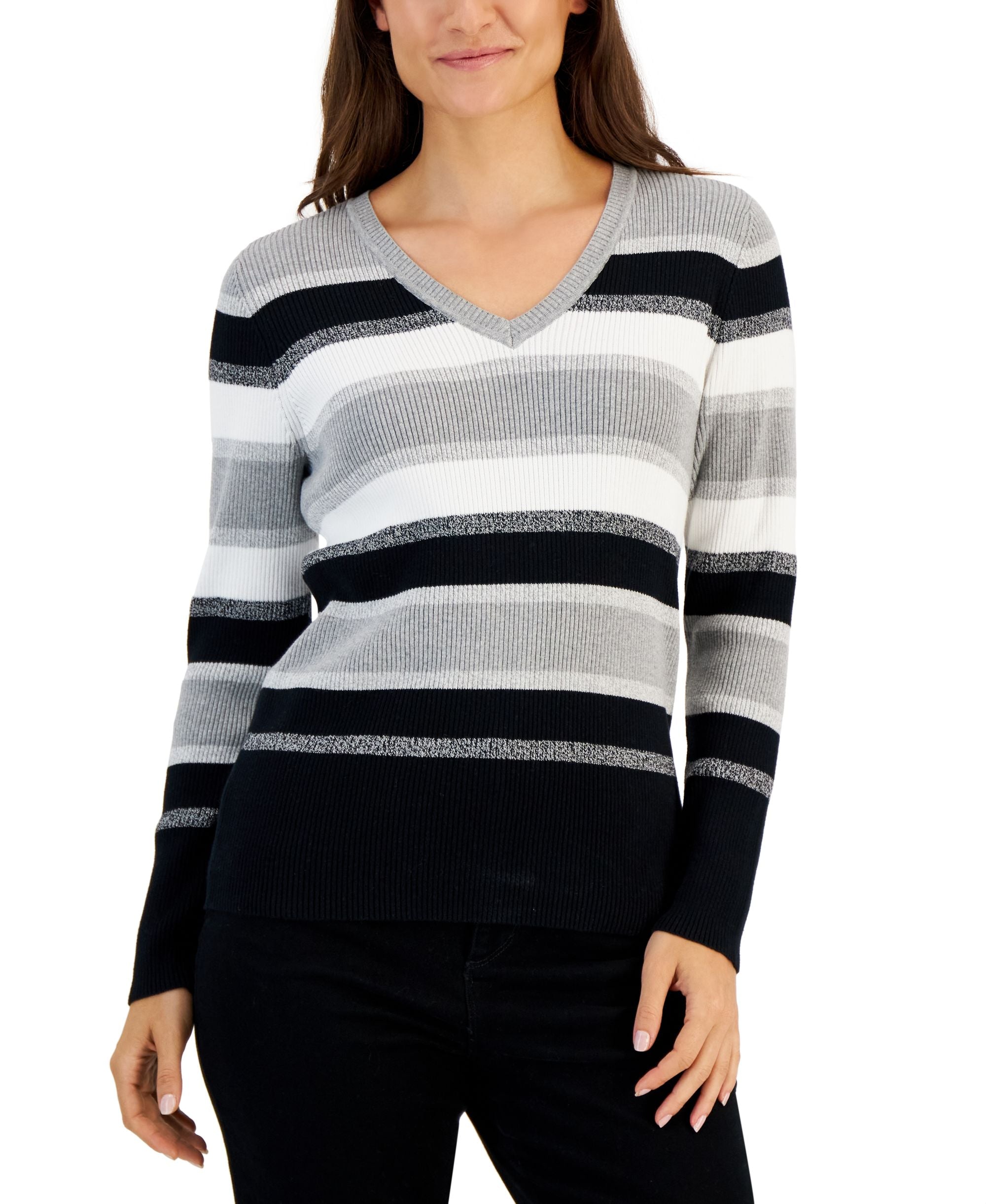 Karen Scott Womens Ribbed V Neck Sweater
