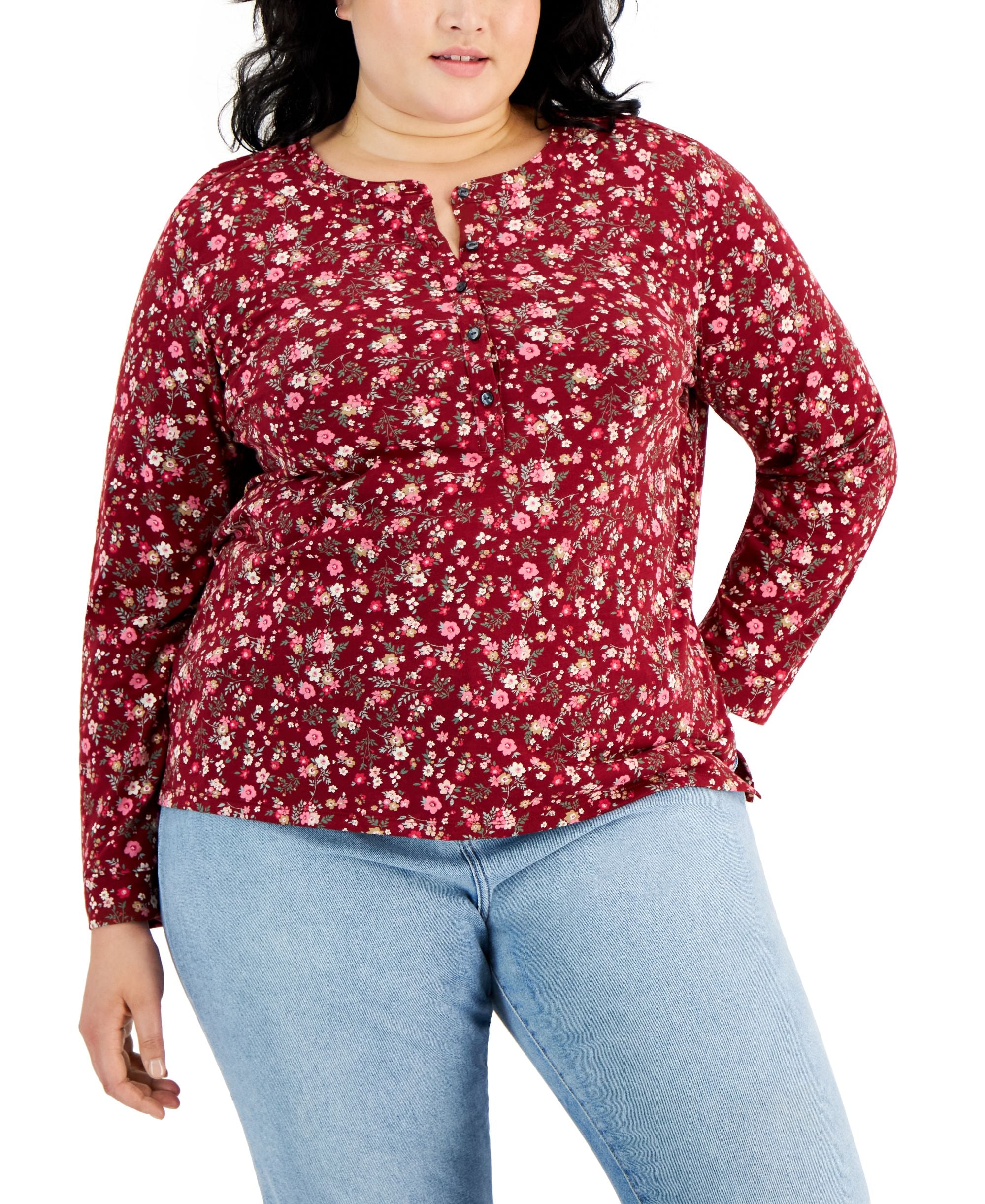 Style & Co Plus Size Cotton Printed Henley T-Modern Shirt