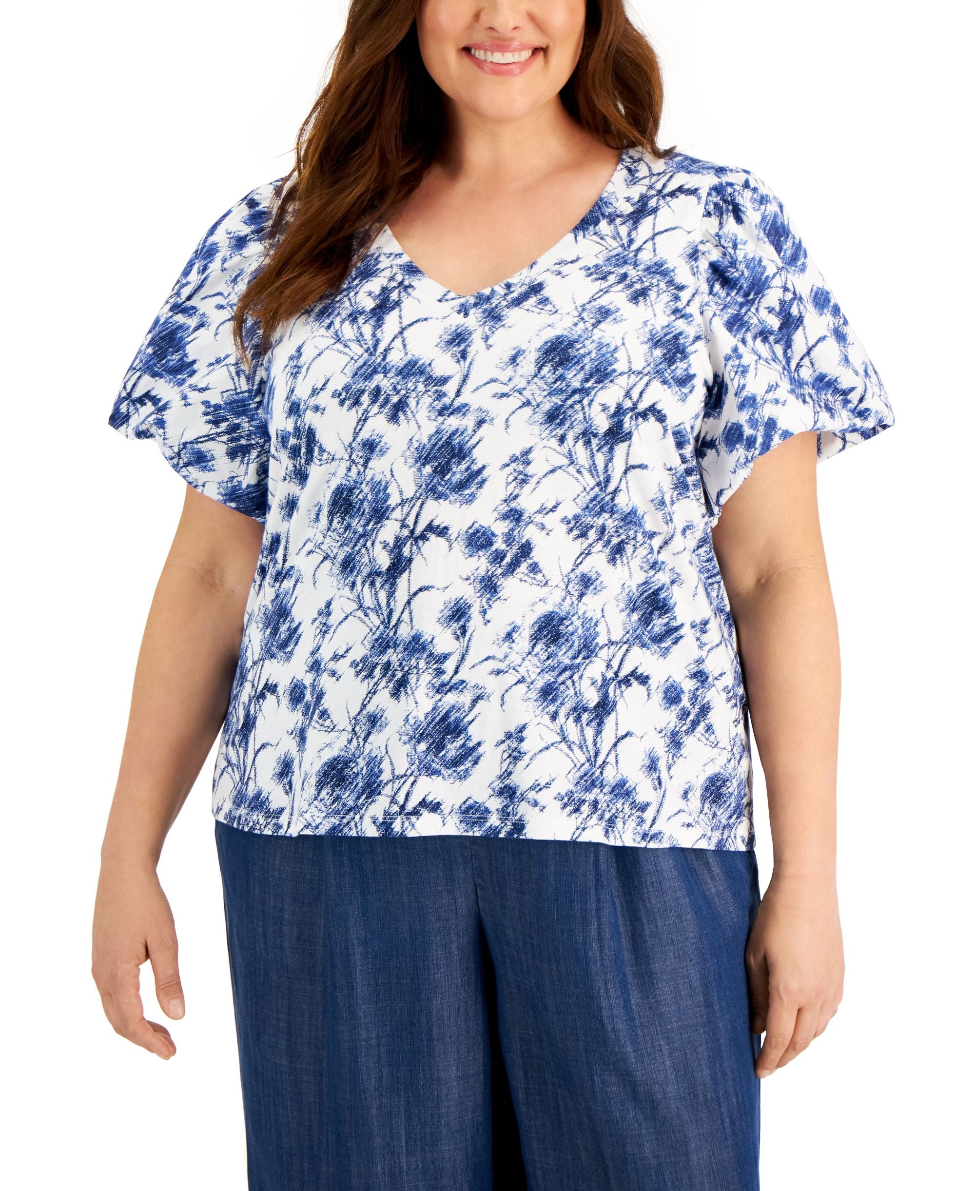 INC International Concepts Plus Size Floral Print Poplin Premium Top