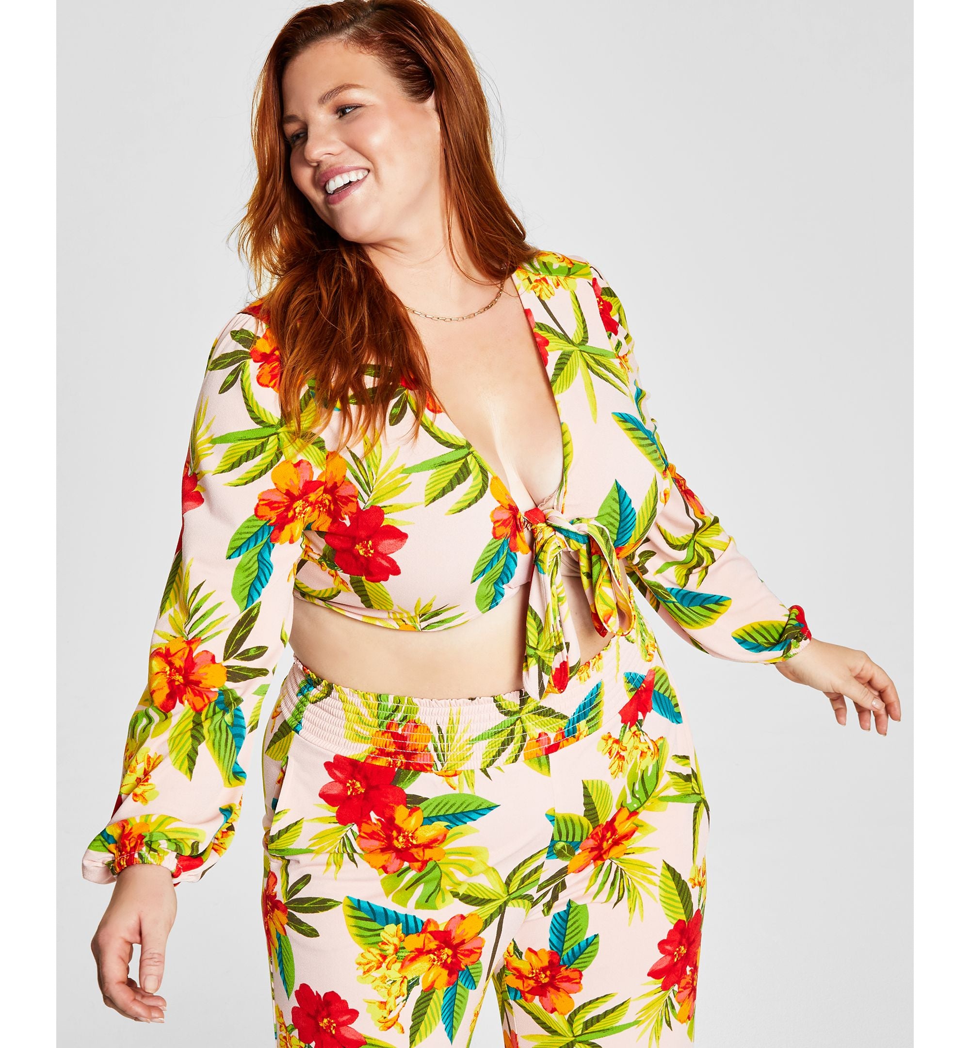 Bar III Modern Plus Size Tropical Print Tie Front Premium Top
