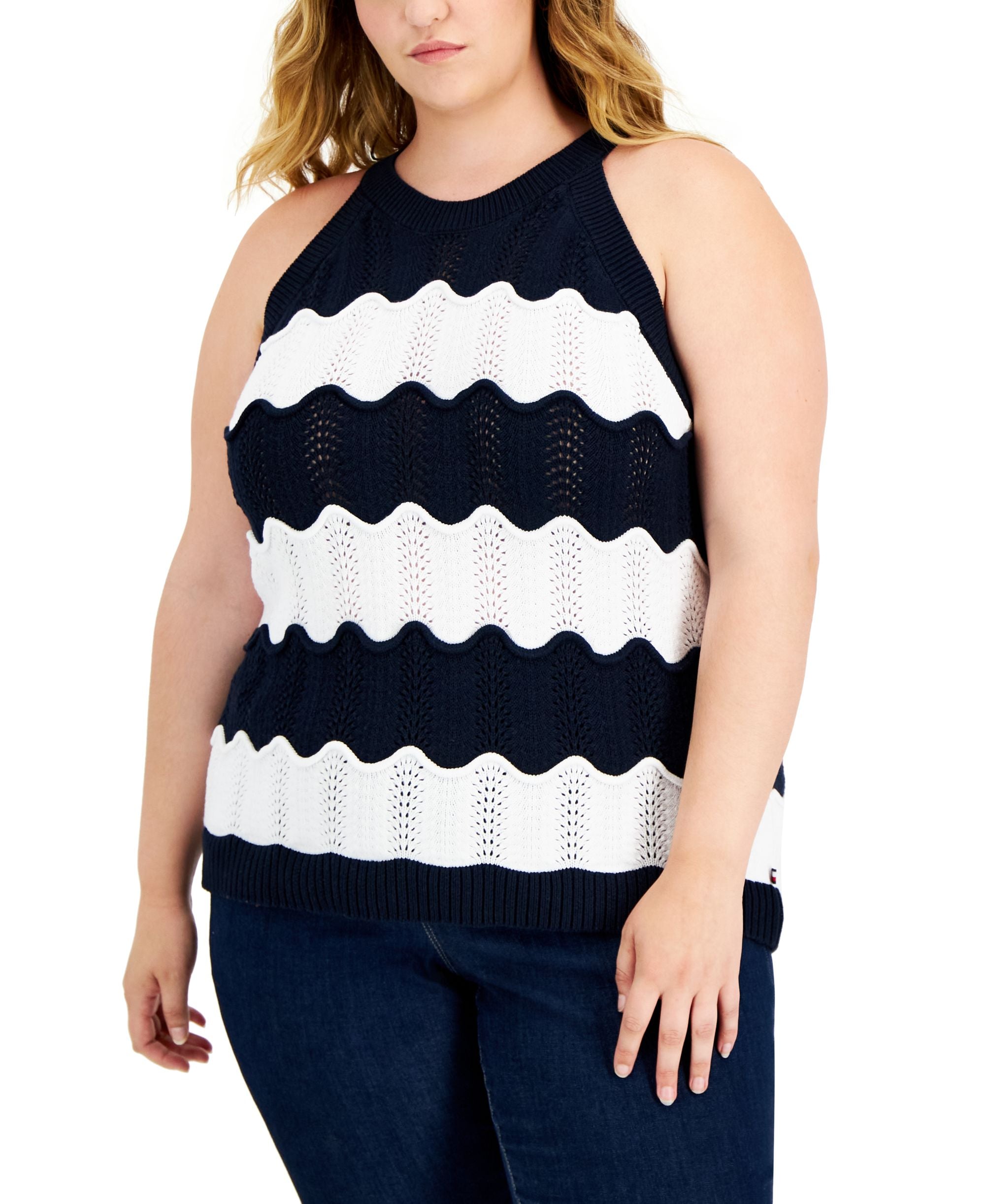 Tommy Hilfiger Plus Size Scallop Stripe Sleeveless Sweater Tank Premium Top