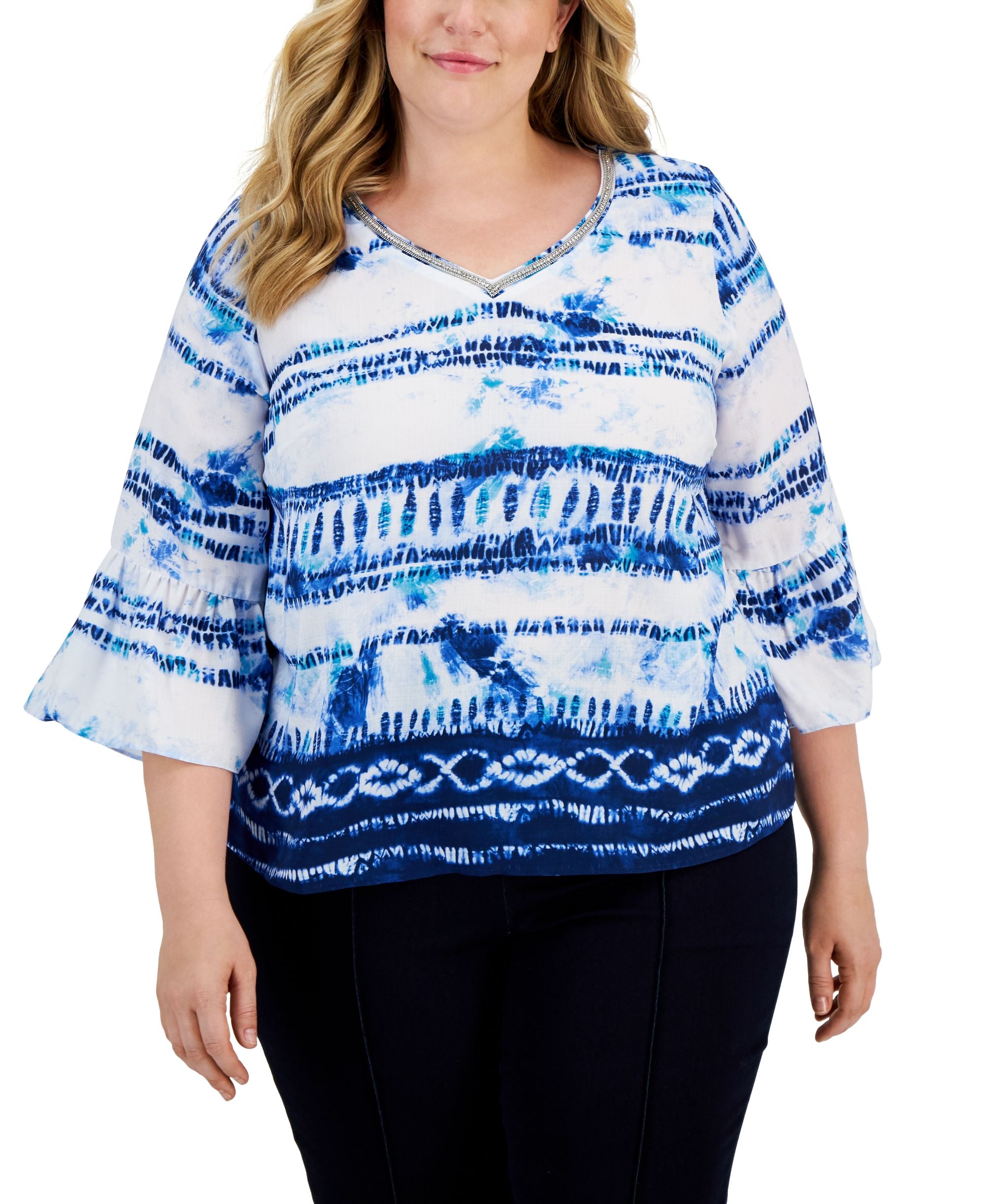 JM Collection Plus Size Printed Bell Sleeve Premium Top