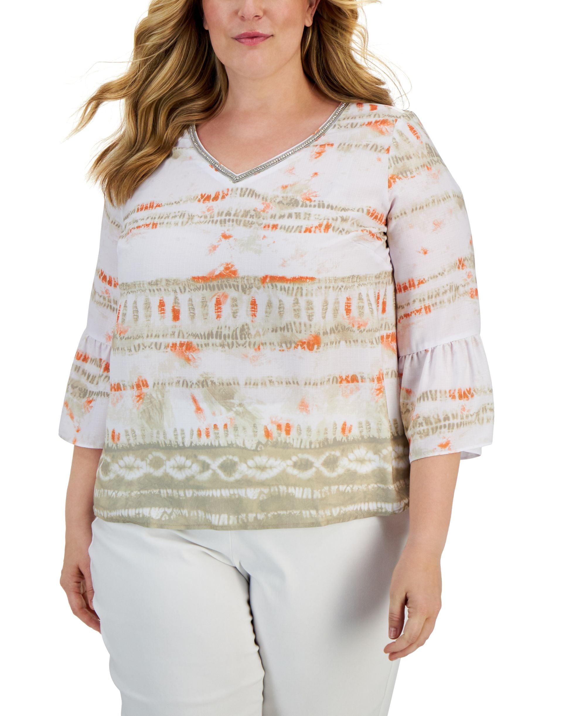 JM Collection Plus Size Printed Bell Sleeve Premium Top