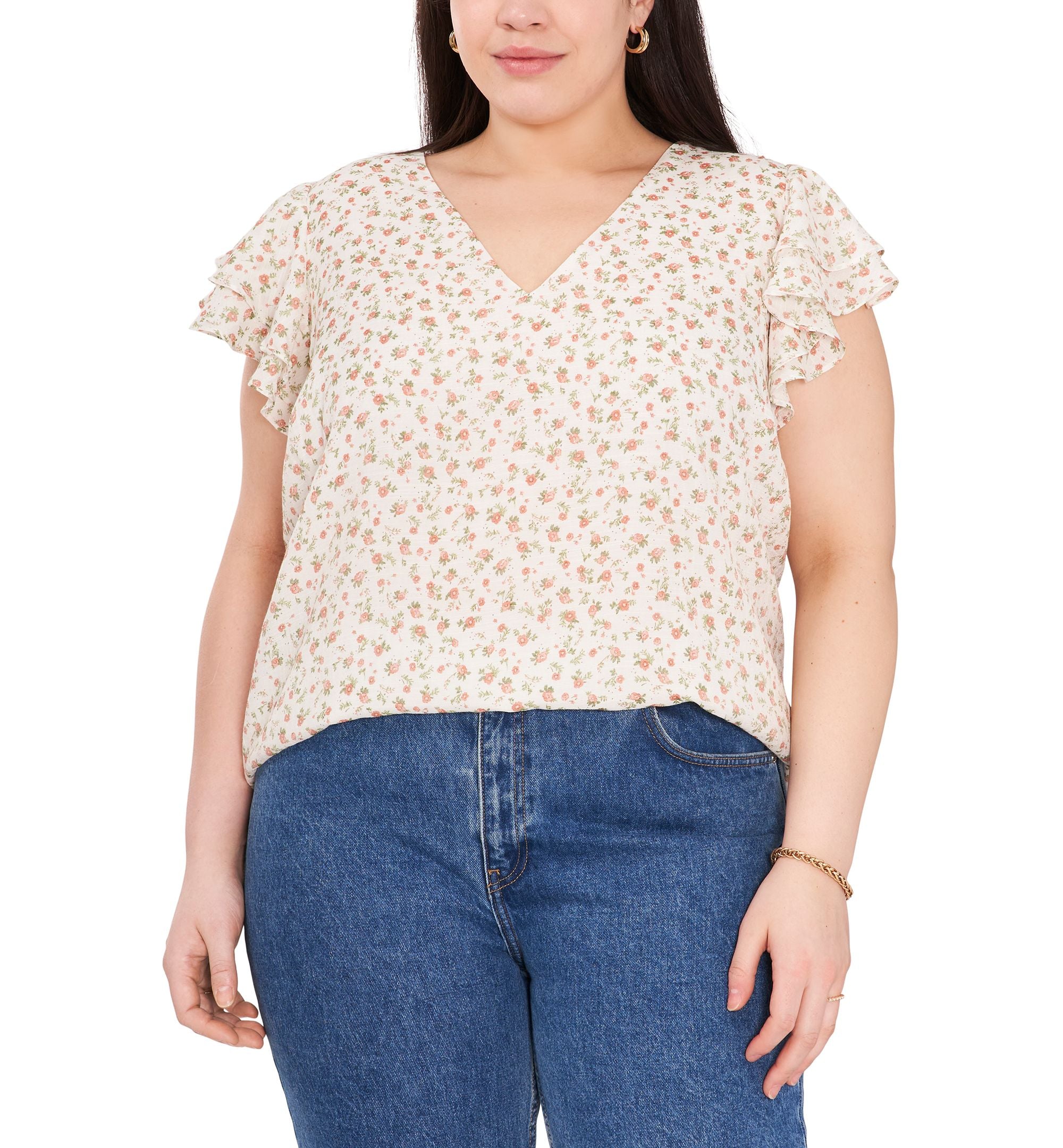 1.State Modern Plus Size Floral Print Flutter-Sleeve Premium Top