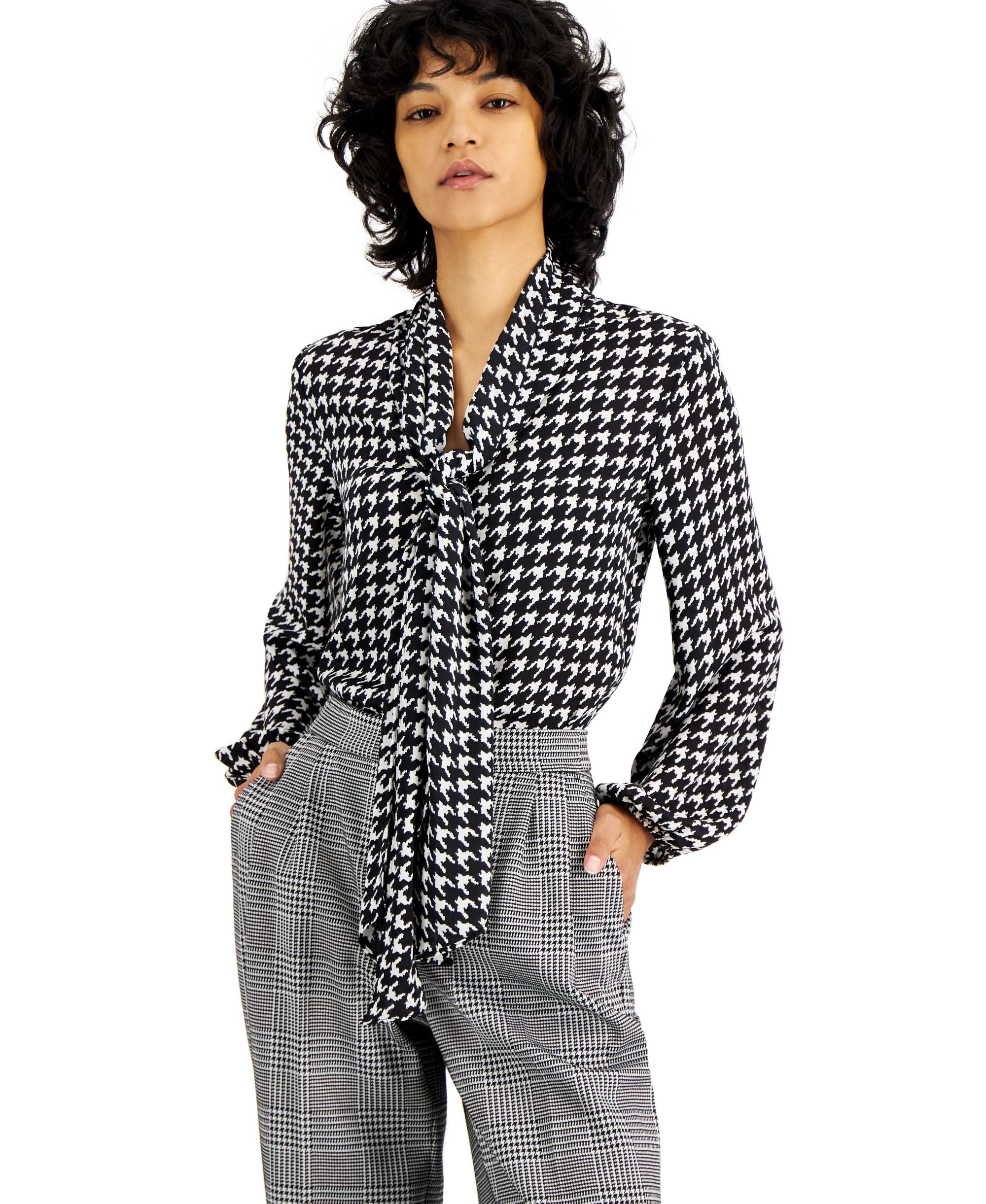 Women's Houndstooth Printed Long-Sleeve Signature Blouse