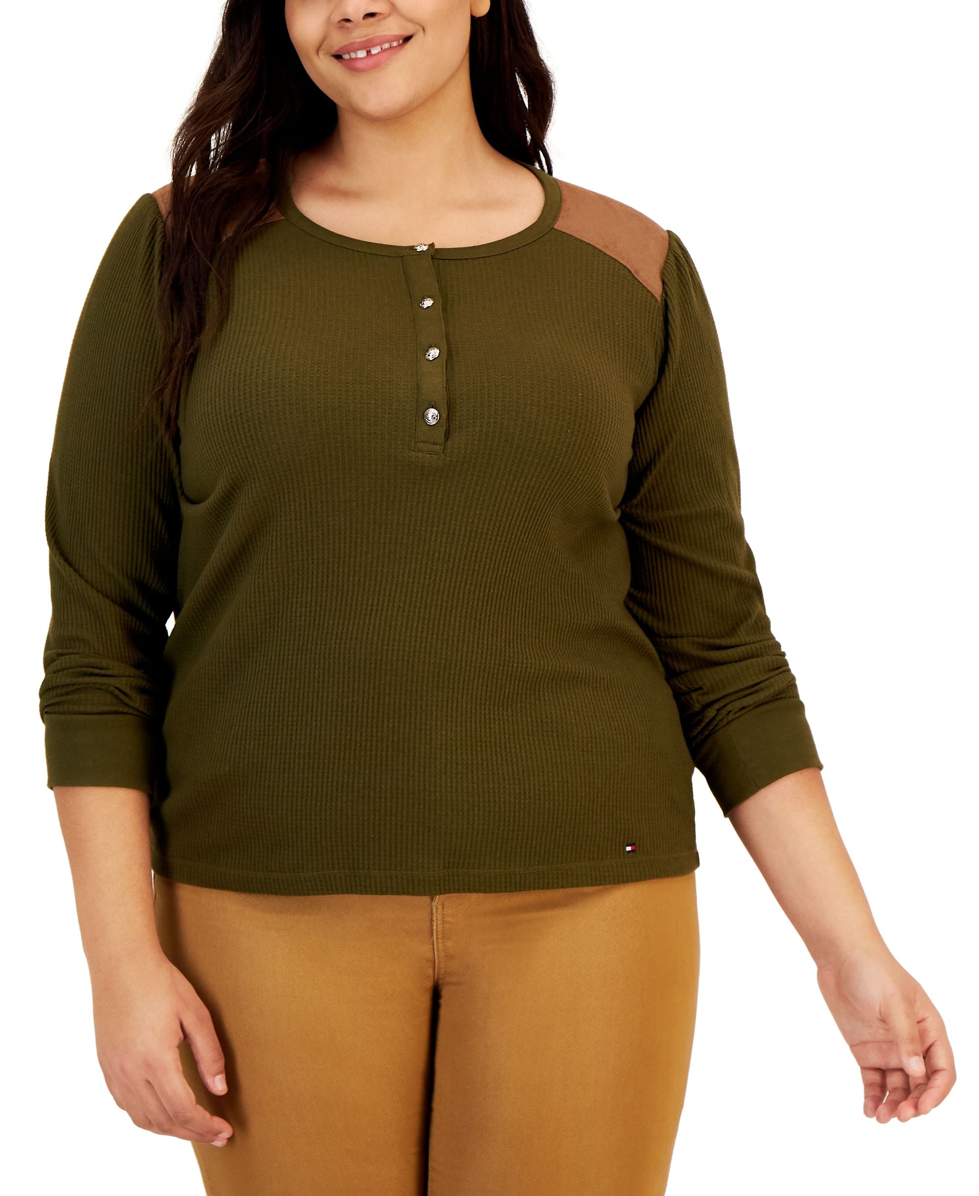 Tommy Hilfiger Plus Size Faux Suede Yoke Henley Premium Top