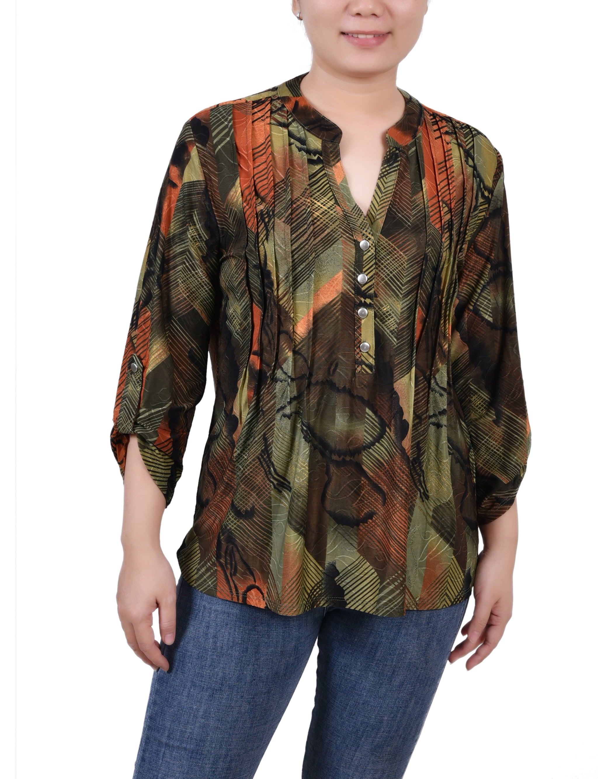 Petite 3/4 Roll Tab Sleeve Printed Pintuck Premium Top