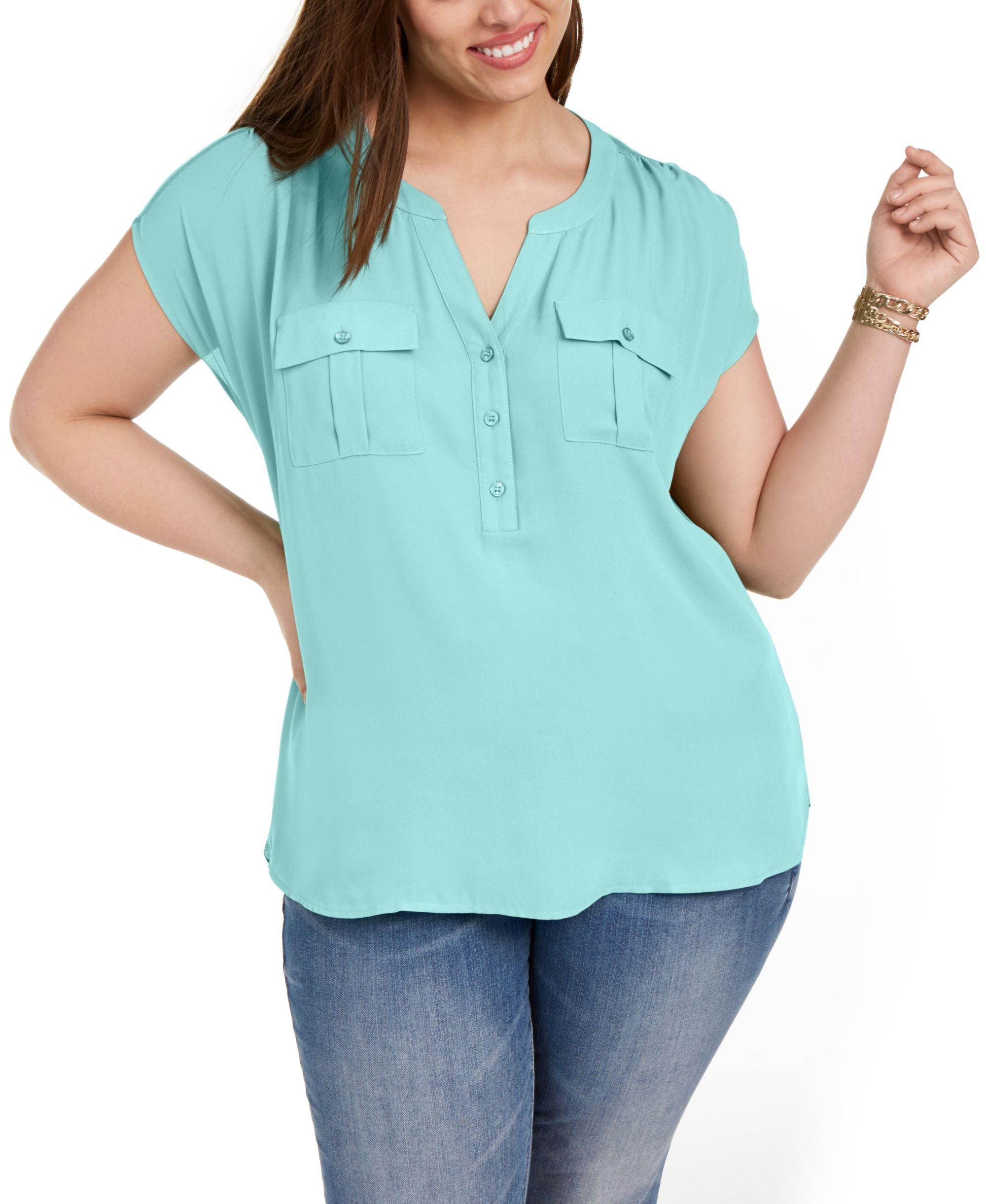 INC International Concepts Plus Size Woven Front V Neck Premium Top