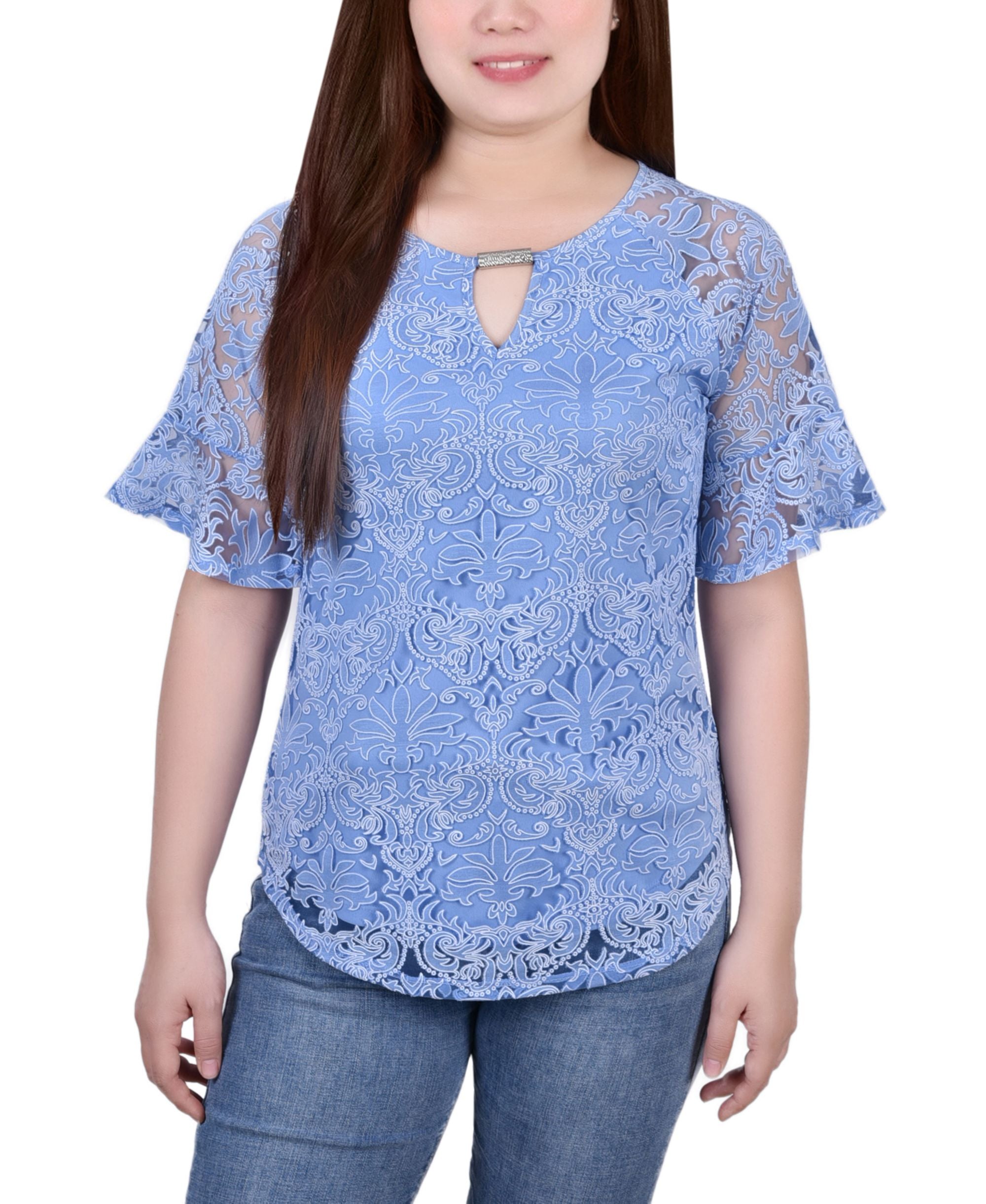 Petite Short Bell Sleeve Lace Signature Blouse