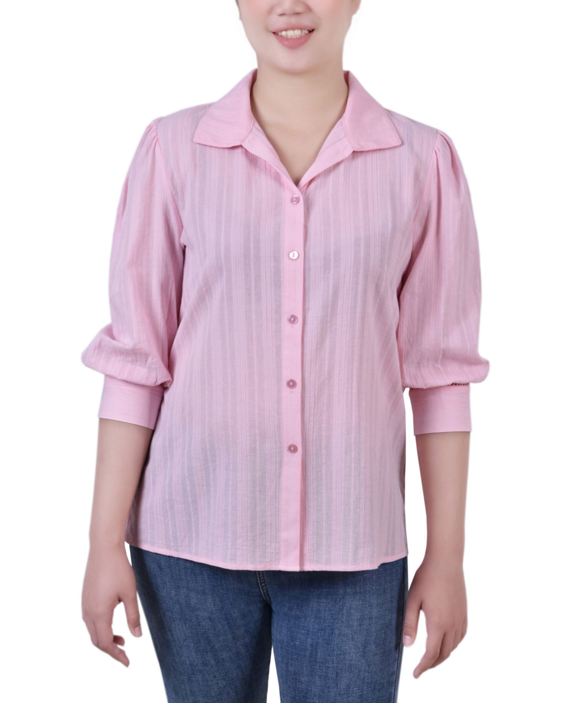 Petite 3/4 Puff-Sleeve Cotton Jacquard Signature Blouse
