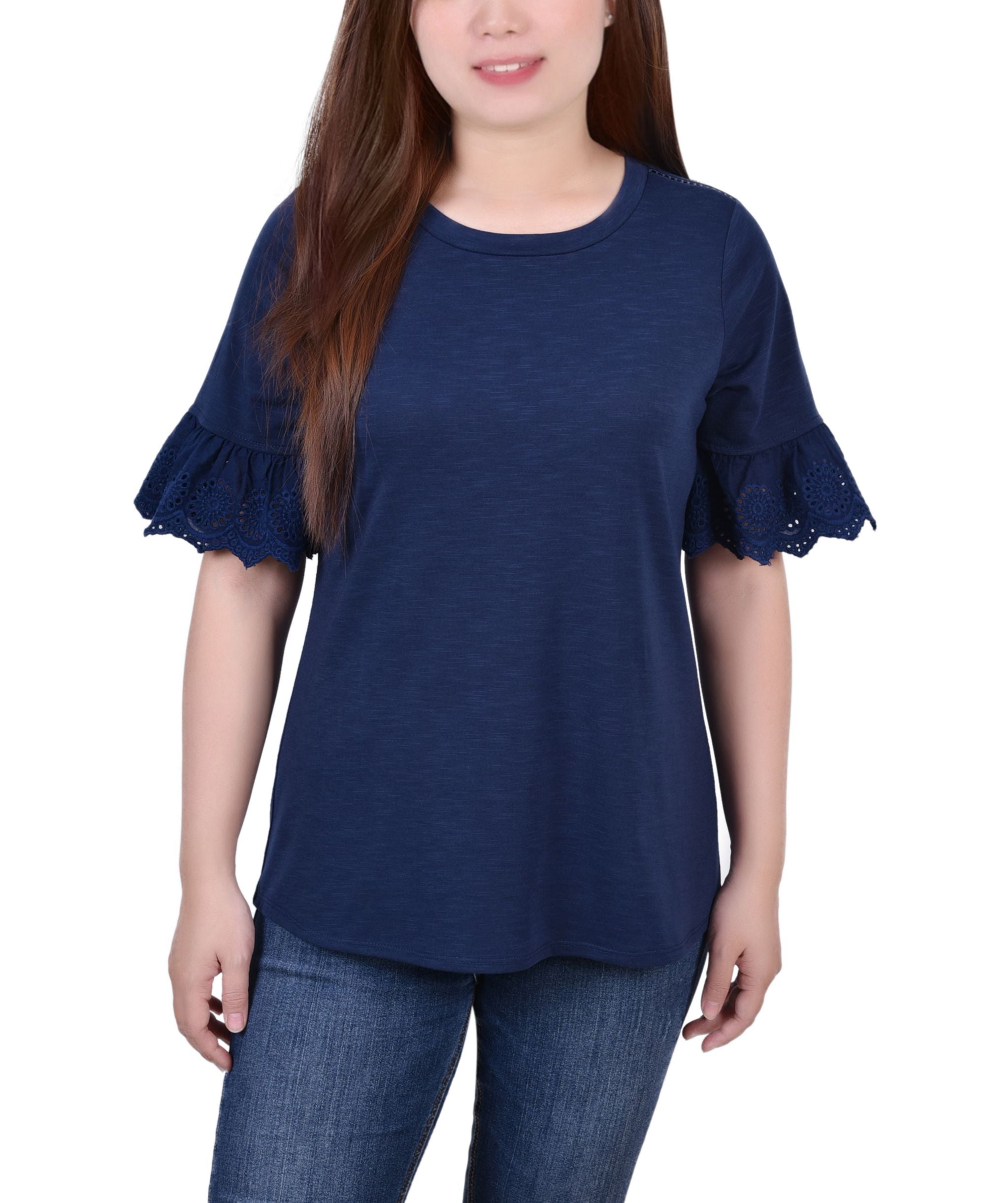 Petite Short Bell Sleeve Slubbed Premium Top