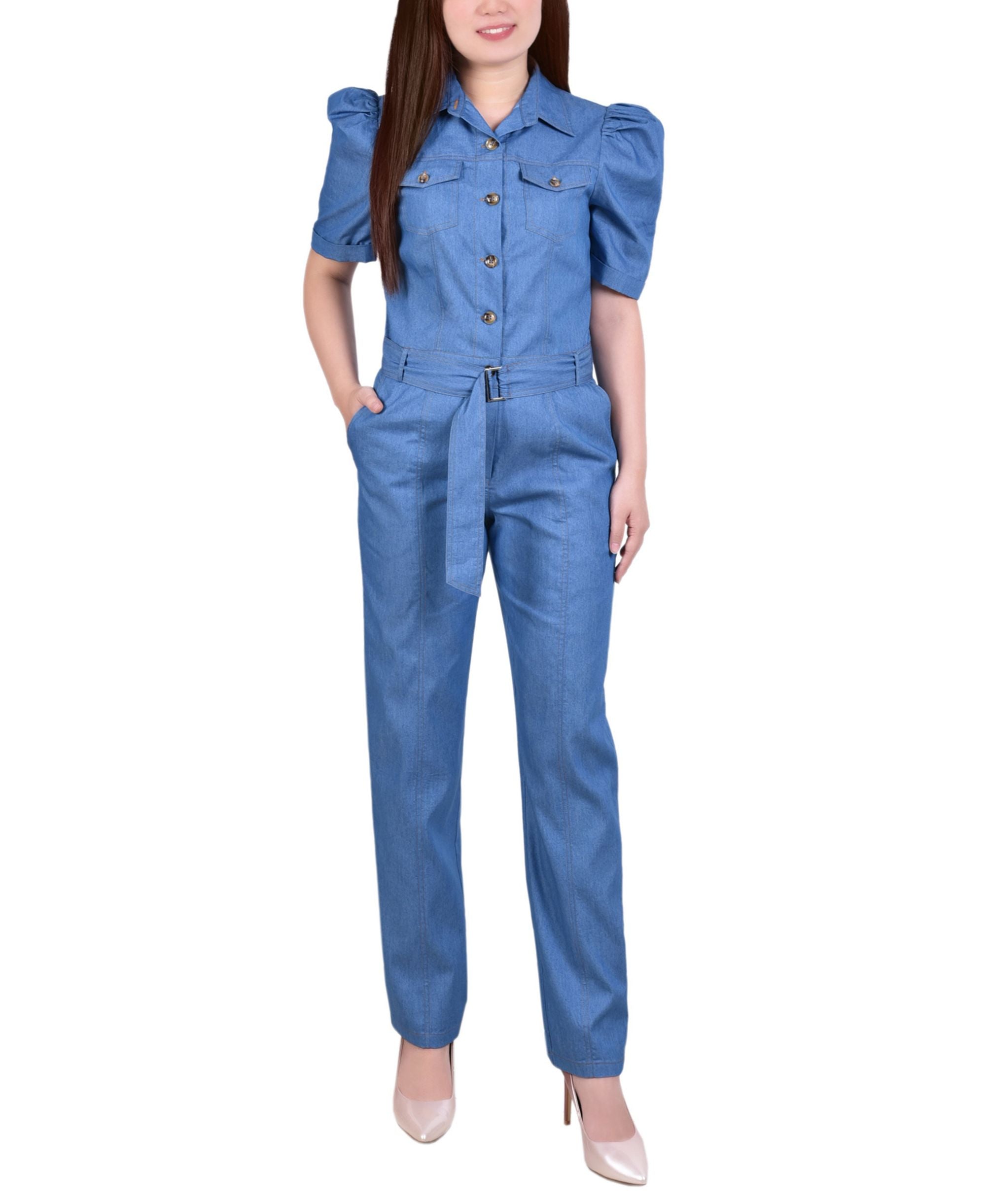 Petite Short-Sleeve Belted Jumpsuit